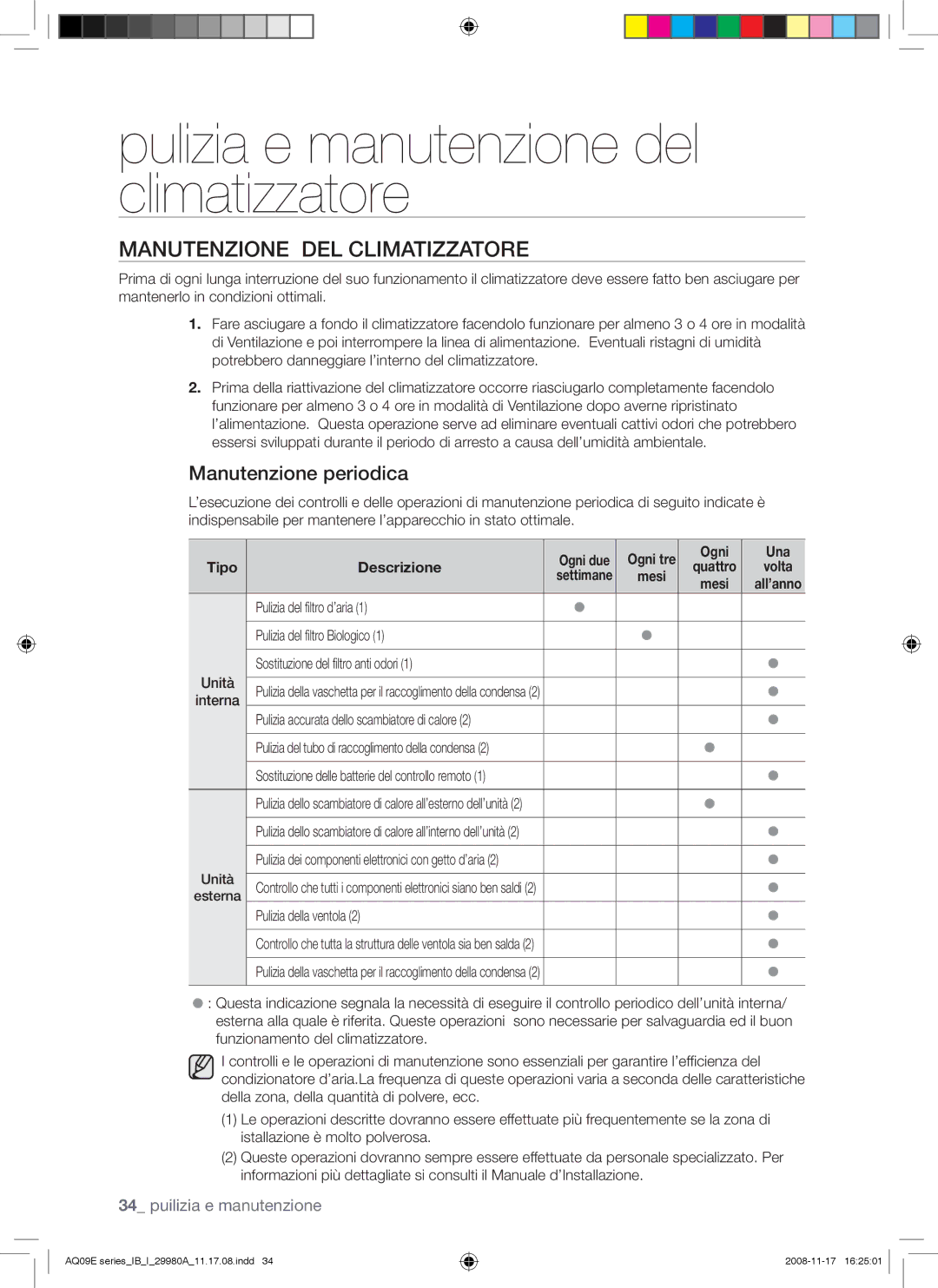 Samsung AQV09EWAX, AQV12EWAN, AQV12EWAX, AQV09EWAN manual Manutenzione DEL Climatizzatore, Manutenzione periodica 