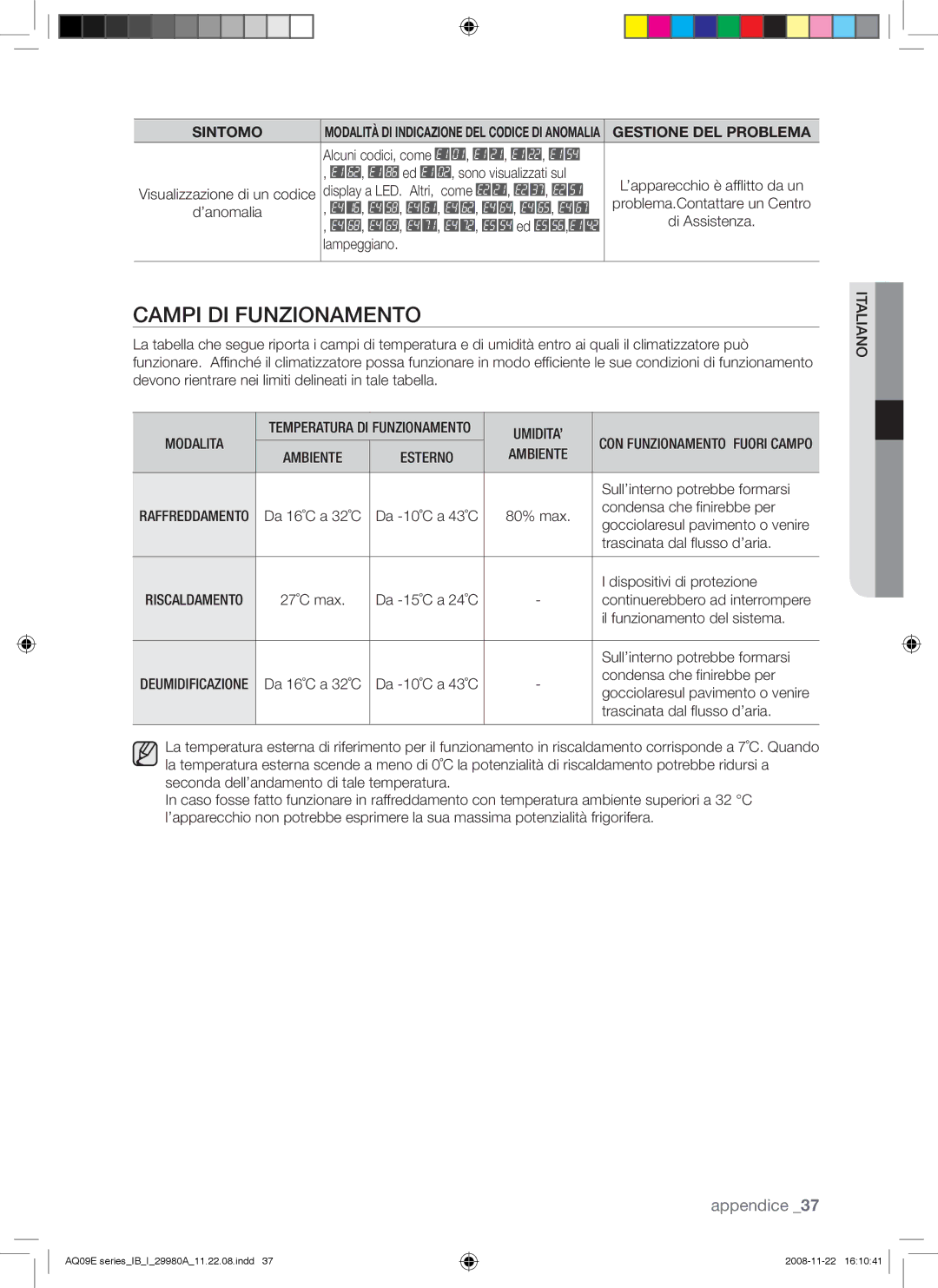 Samsung AQV12EWAX, AQV12EWAN, AQV09EWAX, AQV09EWAN manual Campi DI Funzionamento 