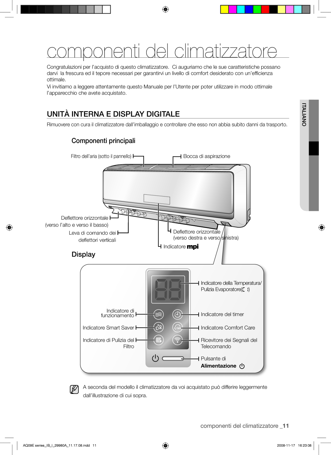 Samsung AQV09EWAN, AQV12EWAN manual Unità Interna E Display Digitale, Componenti principali, componenti del climatizzatore 