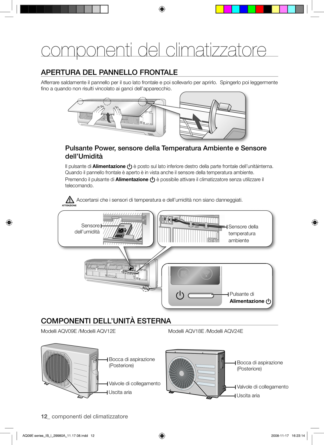 Samsung AQV12EWAN, AQV12EWAX componenti del climatizzatore, Apertura Del Pannello Frontale, Componenti Dell’Unità Esterna 