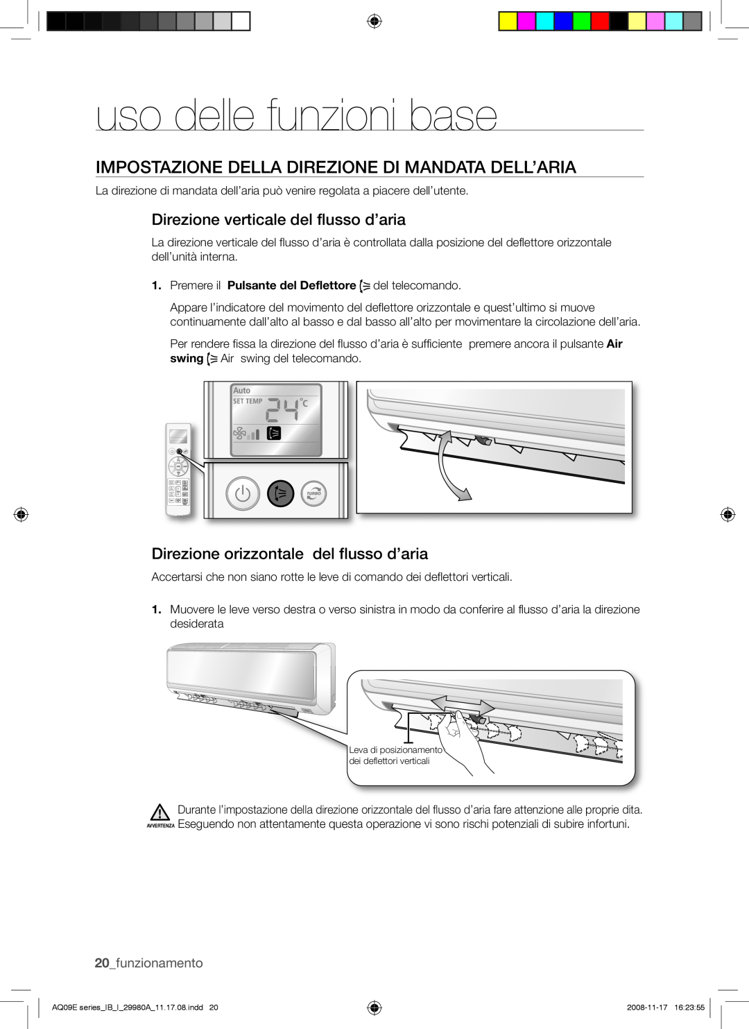 Samsung AQV12EWAN, AQV12EWAX manual Impostazione Della Direzione Di Mandata Dell’Aria, Direzione verticale del flusso d’aria 