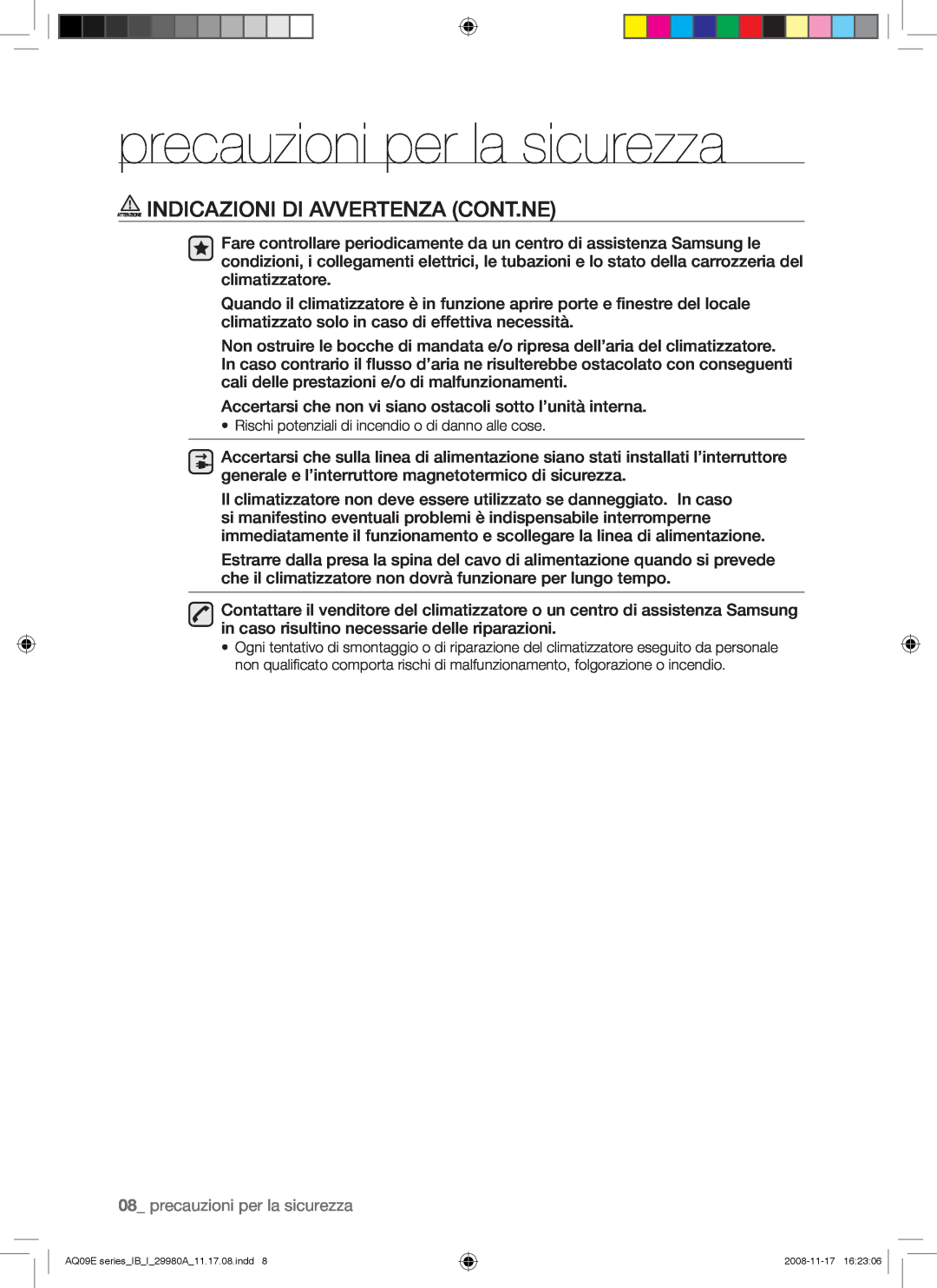 Samsung AQV12EWAN, AQV12EWAX, AQV09EWAX manual Attenzione Indicazioni Di Avvertenza Cont.Ne, precauzioni per la sicurezza 