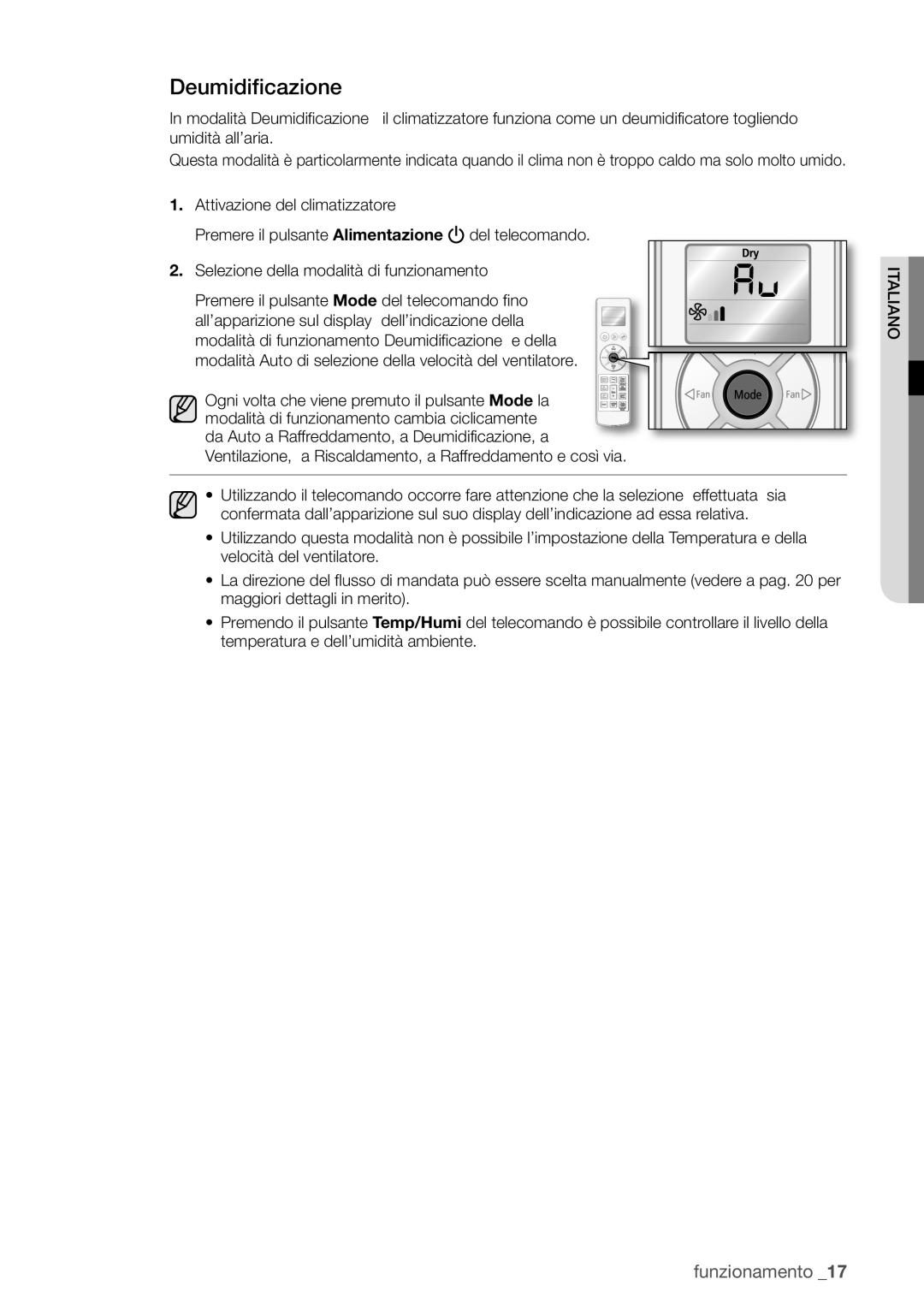 Samsung AQV12EWAX, AQV12EWAN, AQV18UGAN, AQV18EWAX, AQV09EWAX, AQV09EWAN, AQV18EWAN manual Deumidificazione 