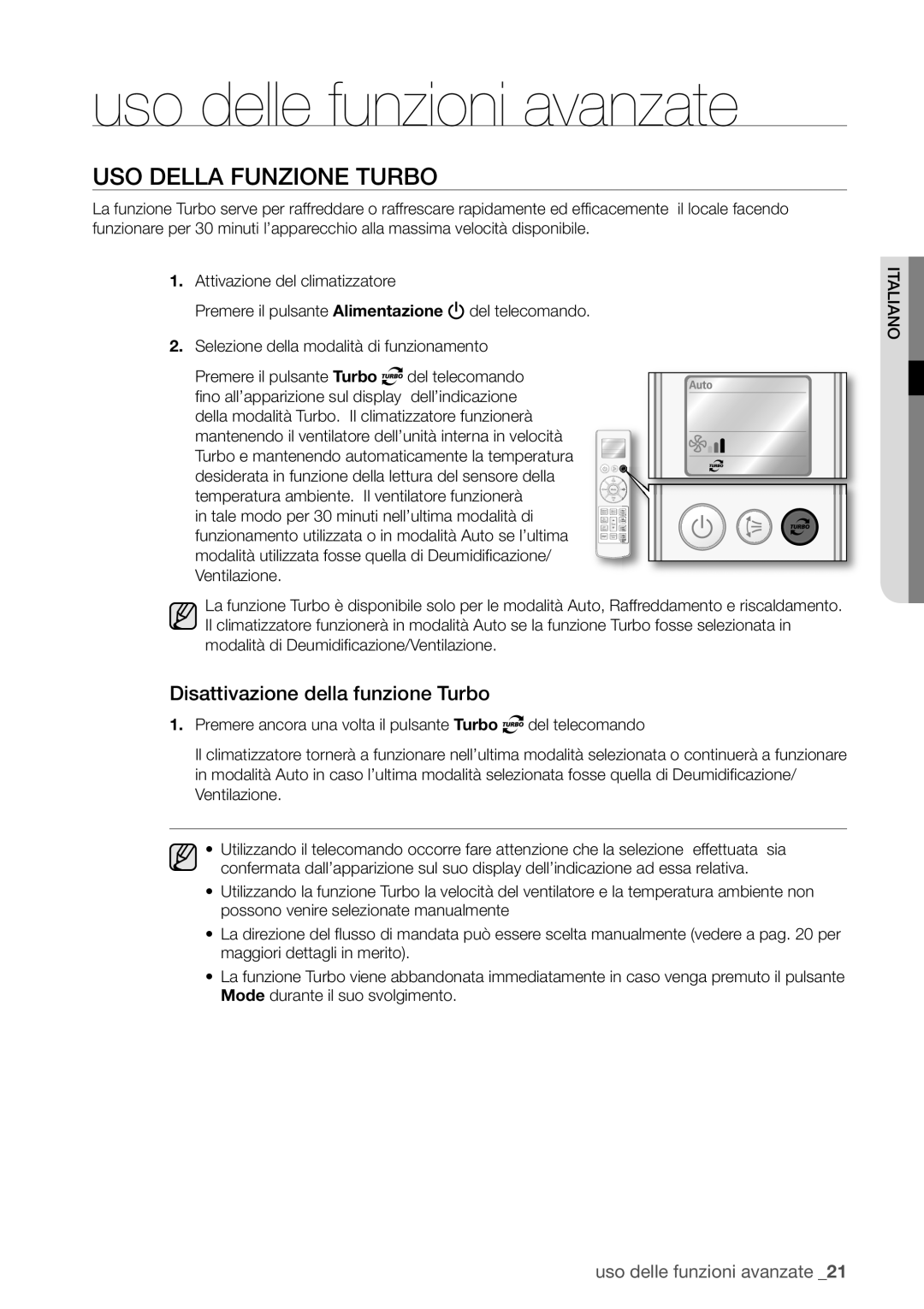 Samsung AQV12EWAN, AQV18UGAN, AQV18EWAX, AQV12EWAX, AQV09EWAX, AQV09EWAN Uso delle funzioni avanzate, USO Della Funzione Turbo 