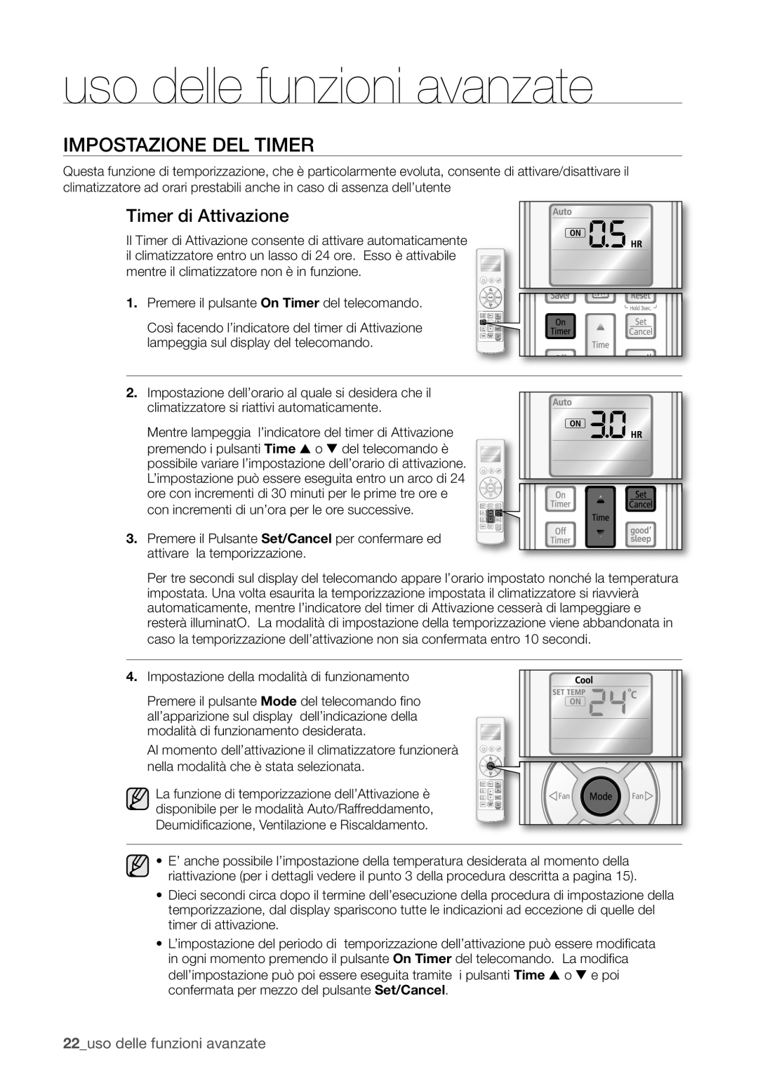 Samsung AQV18UGAN, AQV12EWAN Impostazione DEL Timer, Timer di Attivazione, Deumidificazione, Ventilazione e Riscaldamento 