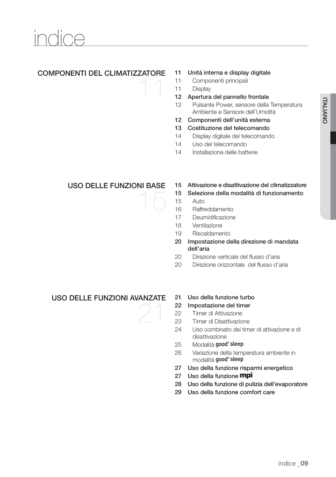 Samsung AQV18EWAX, AQV12EWAN, AQV18UGAN, AQV12EWAX, AQV09EWAX, AQV09EWAN, AQV18EWAN manual Indice, Componenti DEL Climatizzatore 