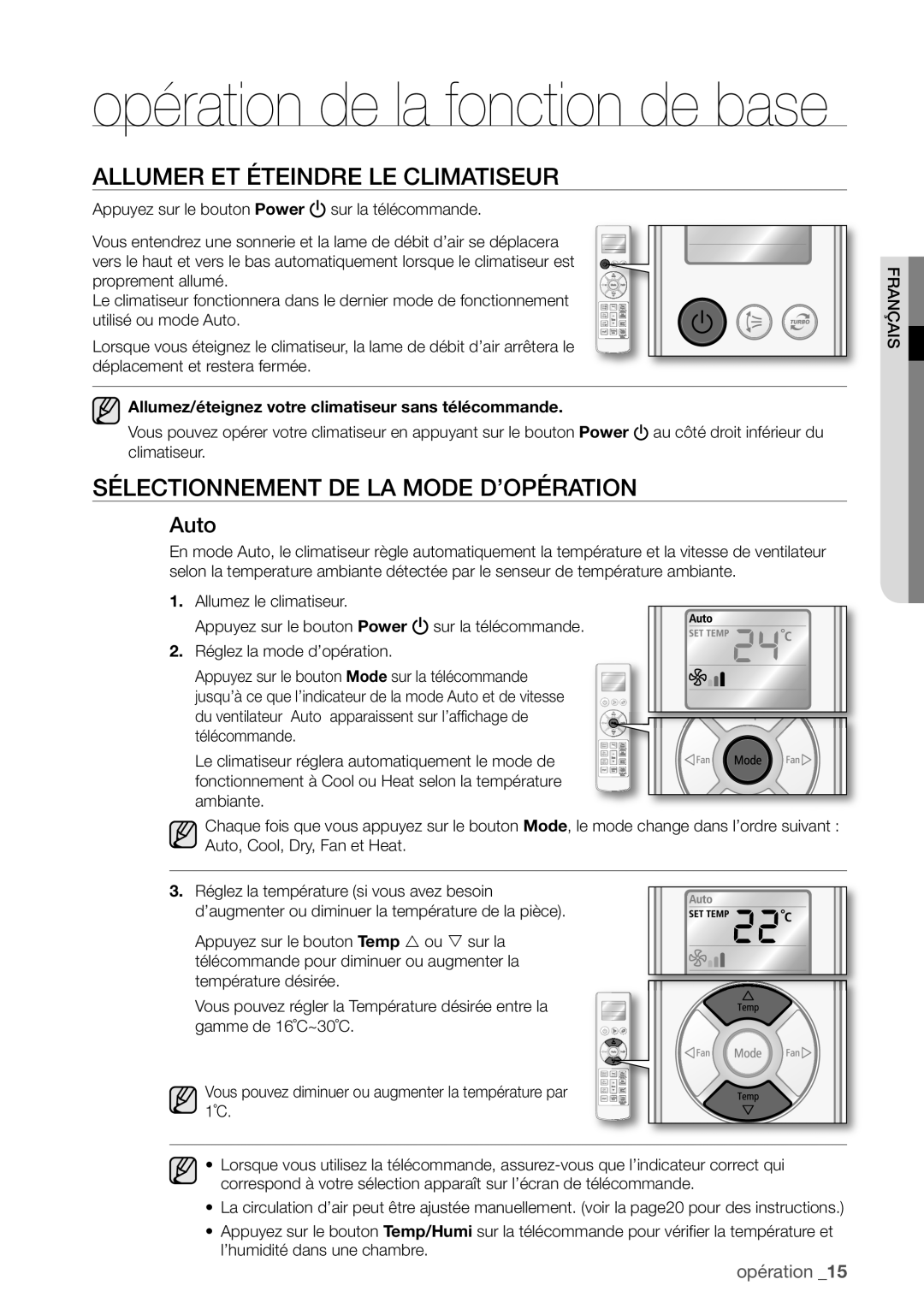 Samsung AQV24EWAX, AQV12EWAN, AQV18UGAN Allumer ET Éteindre LE Climatiseur, Sélectionnement DE LA Mode D’OPÉRATION, Auto 