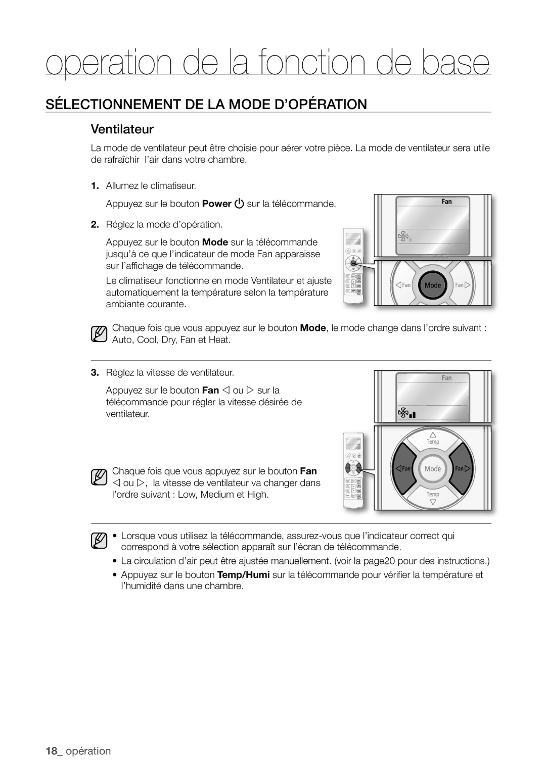 Samsung AQV12EWAN, AQV18UGAN, AQV18EWAX, AQV12EWAX, AQV09EWAX, AQV09EWAN manual Operation de la fonction de base, Ventilateur 