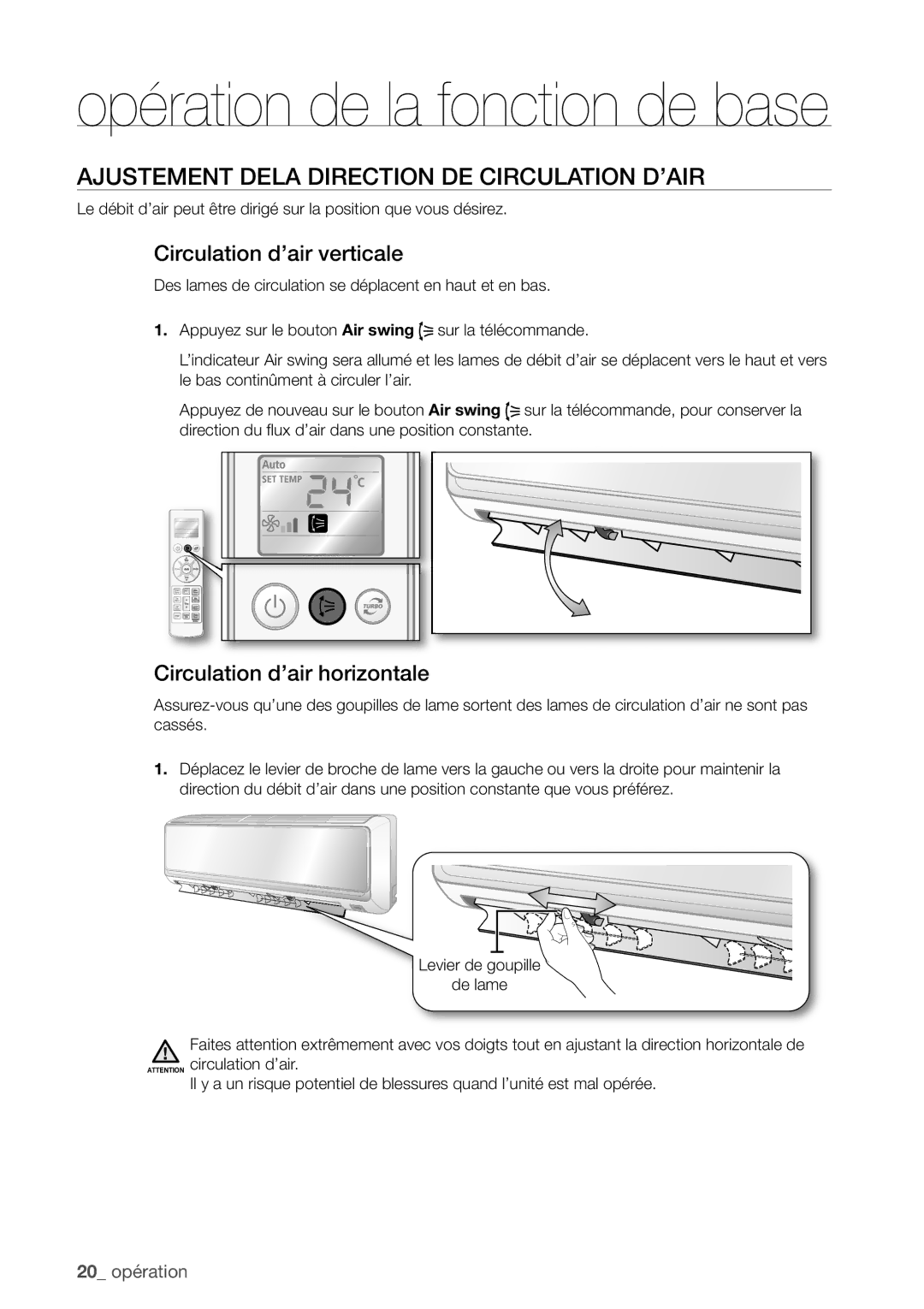 Samsung AQV18EWAX, AQV12EWAN, AQV18UGAN manual Ajustement Dela Direction DE Circulation D’AIR, Circulation d’air verticale 