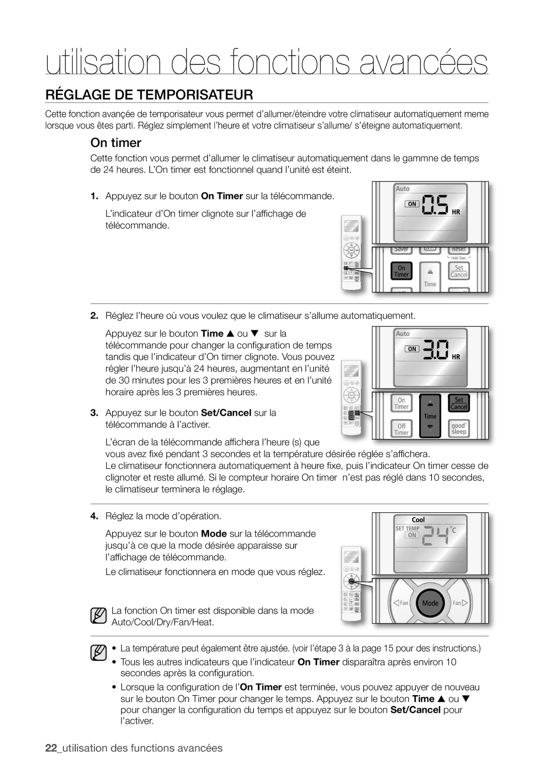 Samsung AQV09EWAX, AQV12EWAN, AQV18UGAN, AQV18EWAX, AQV12EWAX, AQV09EWAN, AQV24EWAX manual Réglage DE Temporisateur, On timer 