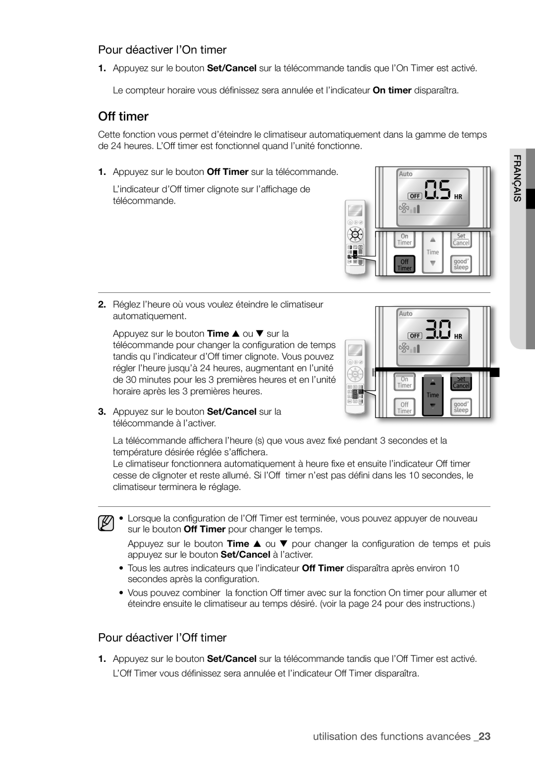 Samsung AQV09EWAN, AQV12EWAN, AQV18UGAN, AQV18EWAX, AQV12EWAX manual Pour déactiver l’On timer, Pour déactiver l’Off timer 