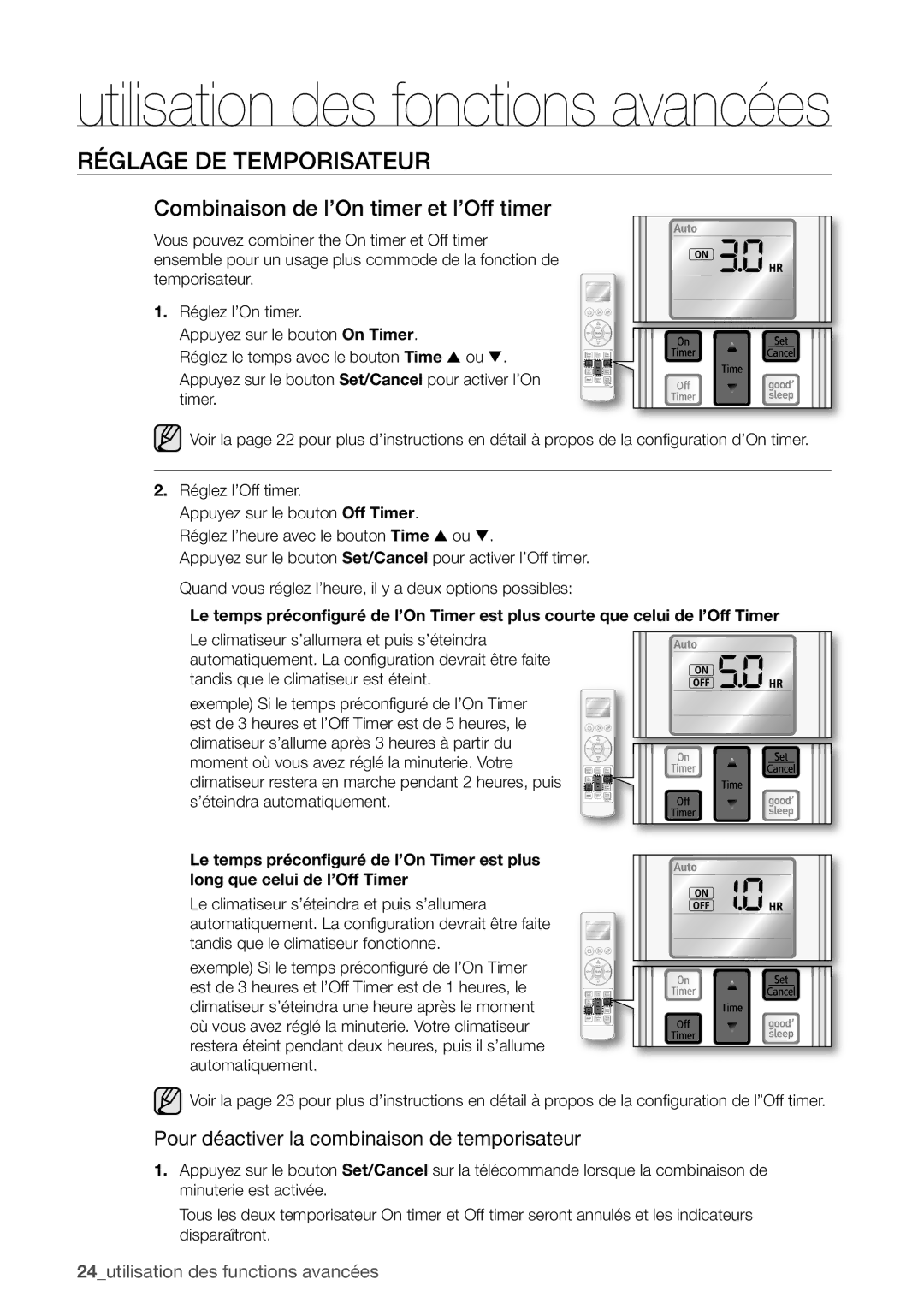 Samsung AQV24EWAX, AQV12EWAN manual Combinaison de l’On timer et l’Off timer, Pour déactiver la combinaison de temporisateur 