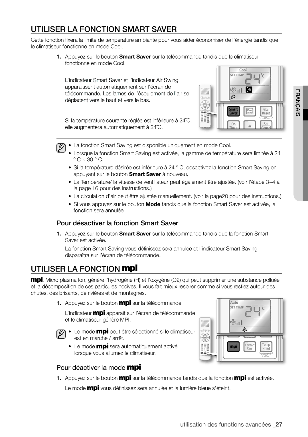 Samsung AQV12EWAN, AQV18UGAN, AQV18EWAX, AQV12EWAX Utiliser LA Fonction Smart Saver, Pour désactiver la fonction Smart Saver 