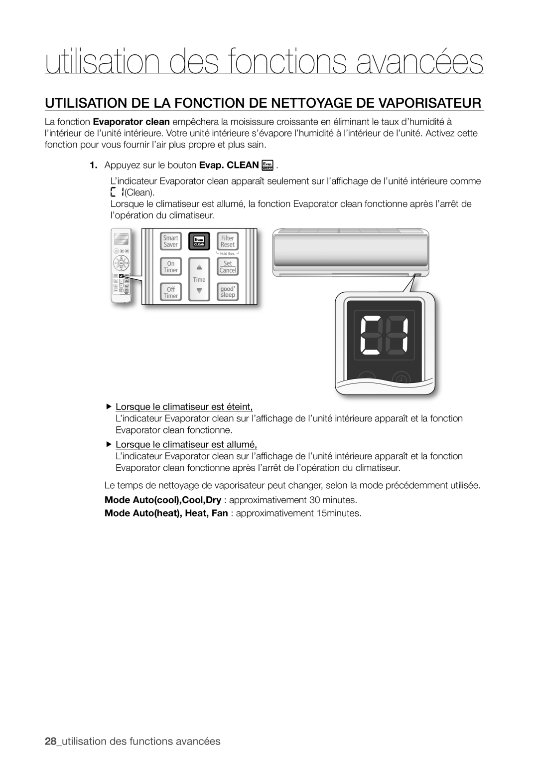 Samsung AQV18UGAN, AQV12EWAN, AQV18EWAX, AQV12EWAX, AQV09EWAX manual Utilisation DE LA Fonction DE Nettoyage DE Vaporisateur 