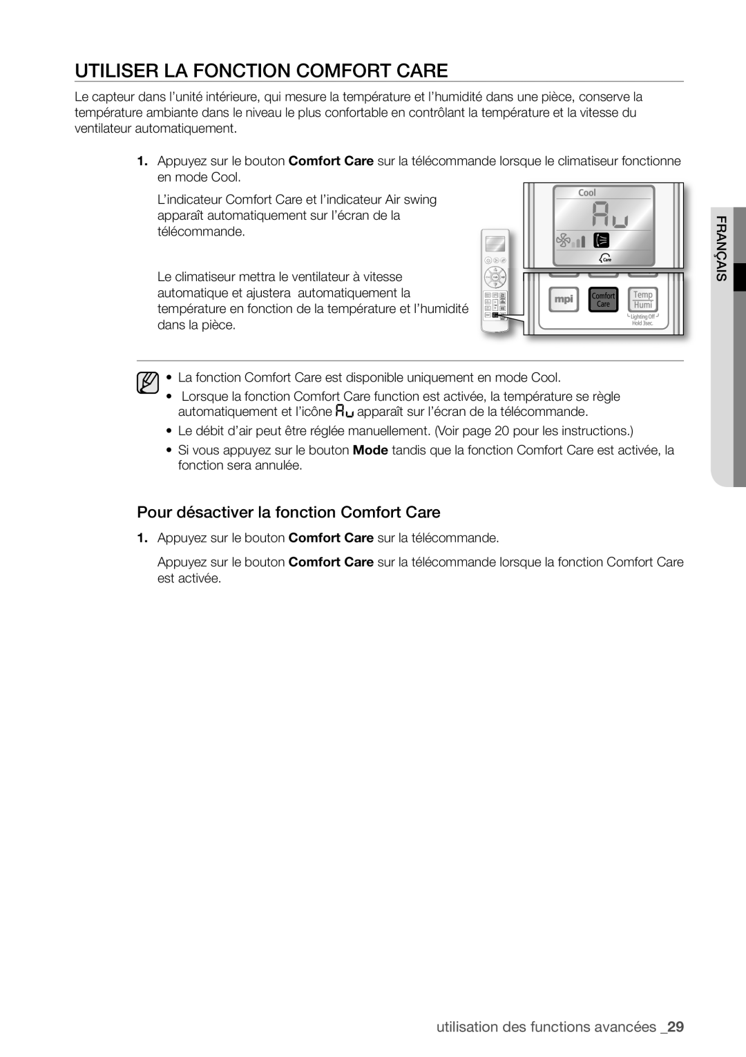 Samsung AQV18EWAX, AQV12EWAN, AQV18UGAN manual Utiliser LA Fonction Comfort Care, Pour désactiver la fonction Comfort Care 