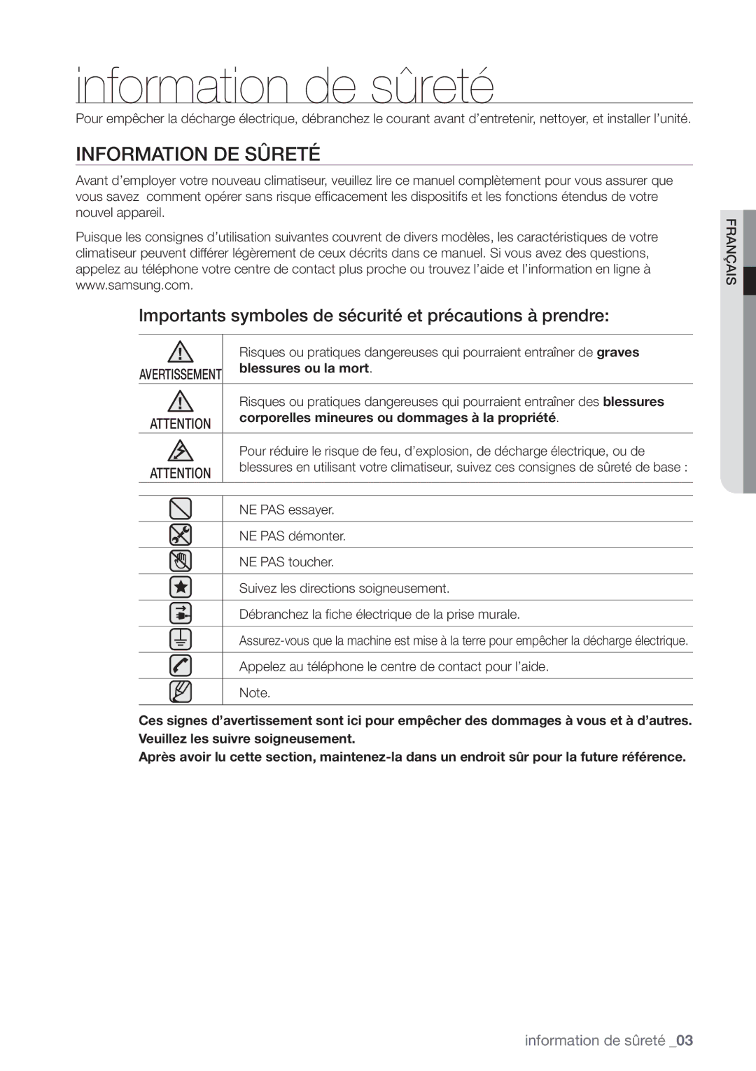 Samsung AQV12EWAX Information de sûreté, Information DE Sûreté, Importants symboles de sécurité et précautions à prendre 