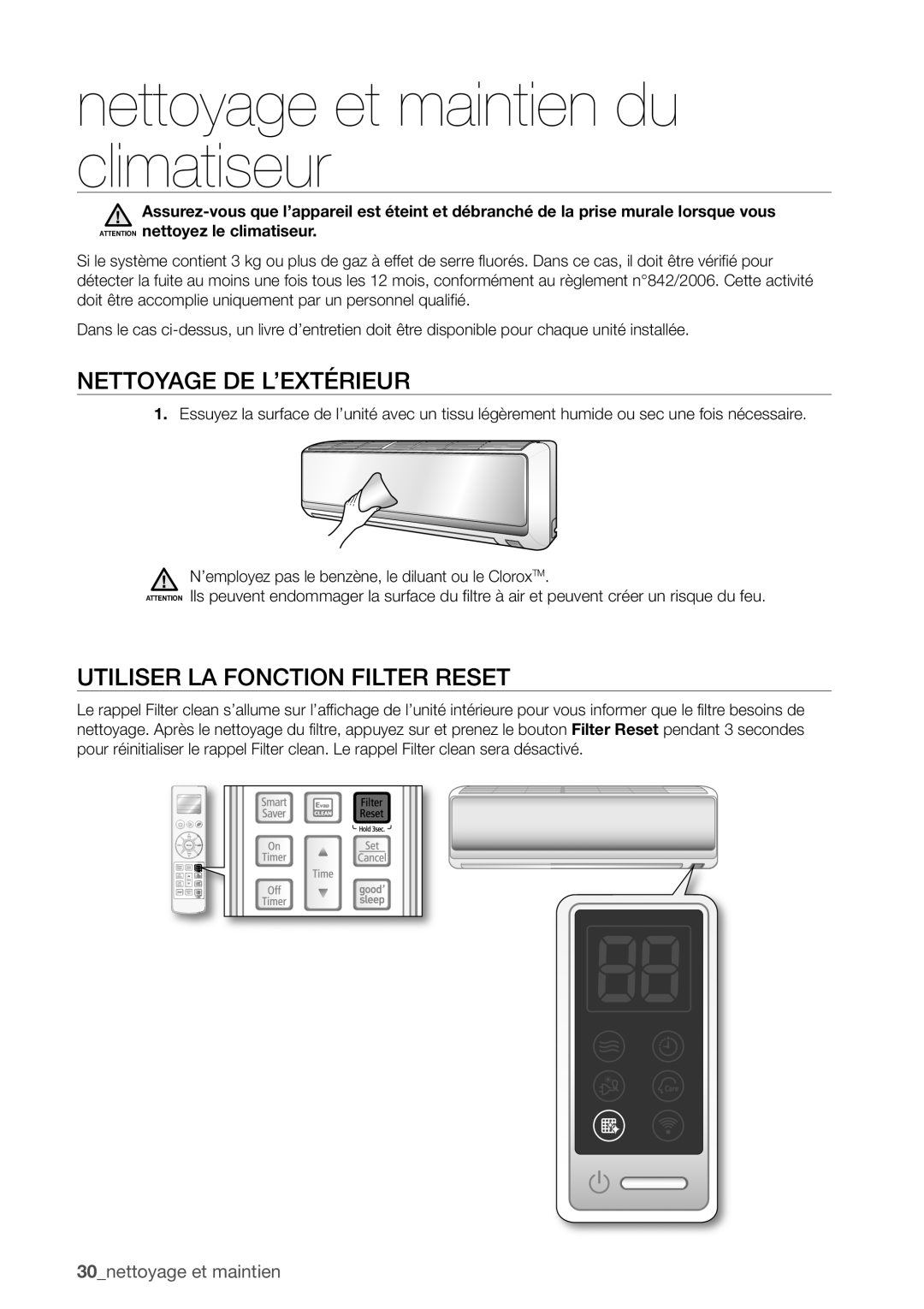 Samsung AQV12EWAX manual Nettoyage et maintien du climatiseur, Nettoyage DE L’EXTÉRIEUR, Utiliser LA Fonction Filter Reset 