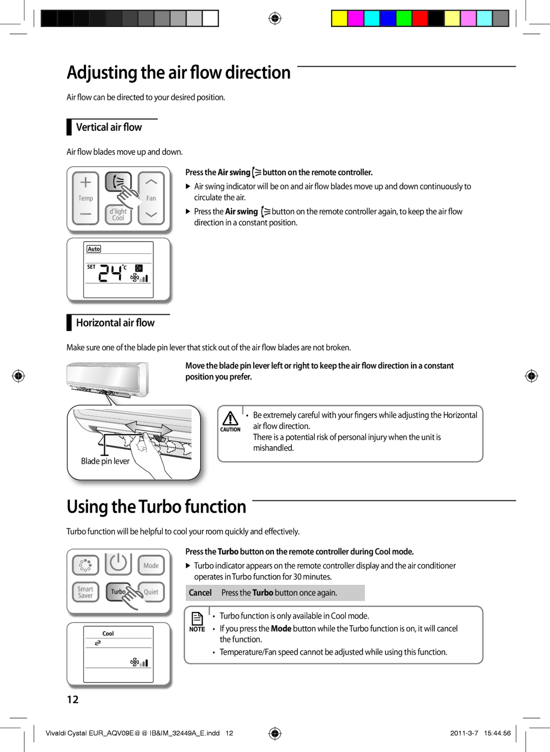 Samsung AQV12EWEN manual Adjusting the air flow direction, Using the Turbo function, Vertical air flow, Horizontal air flow 