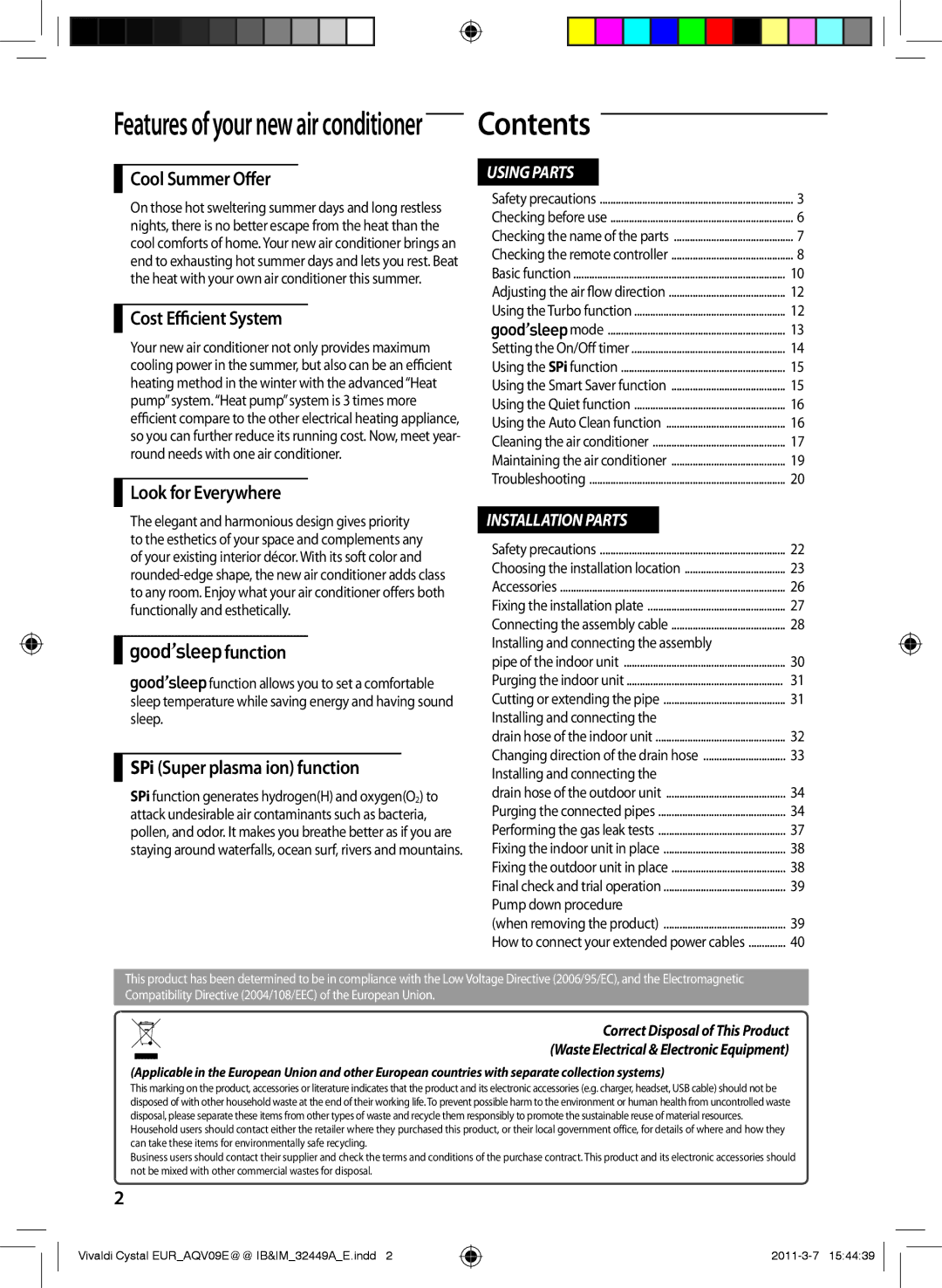 Samsung AQV09EWEX, AQV12EWEN, AQV09EWEN, AQV12EWEX manual Contents 