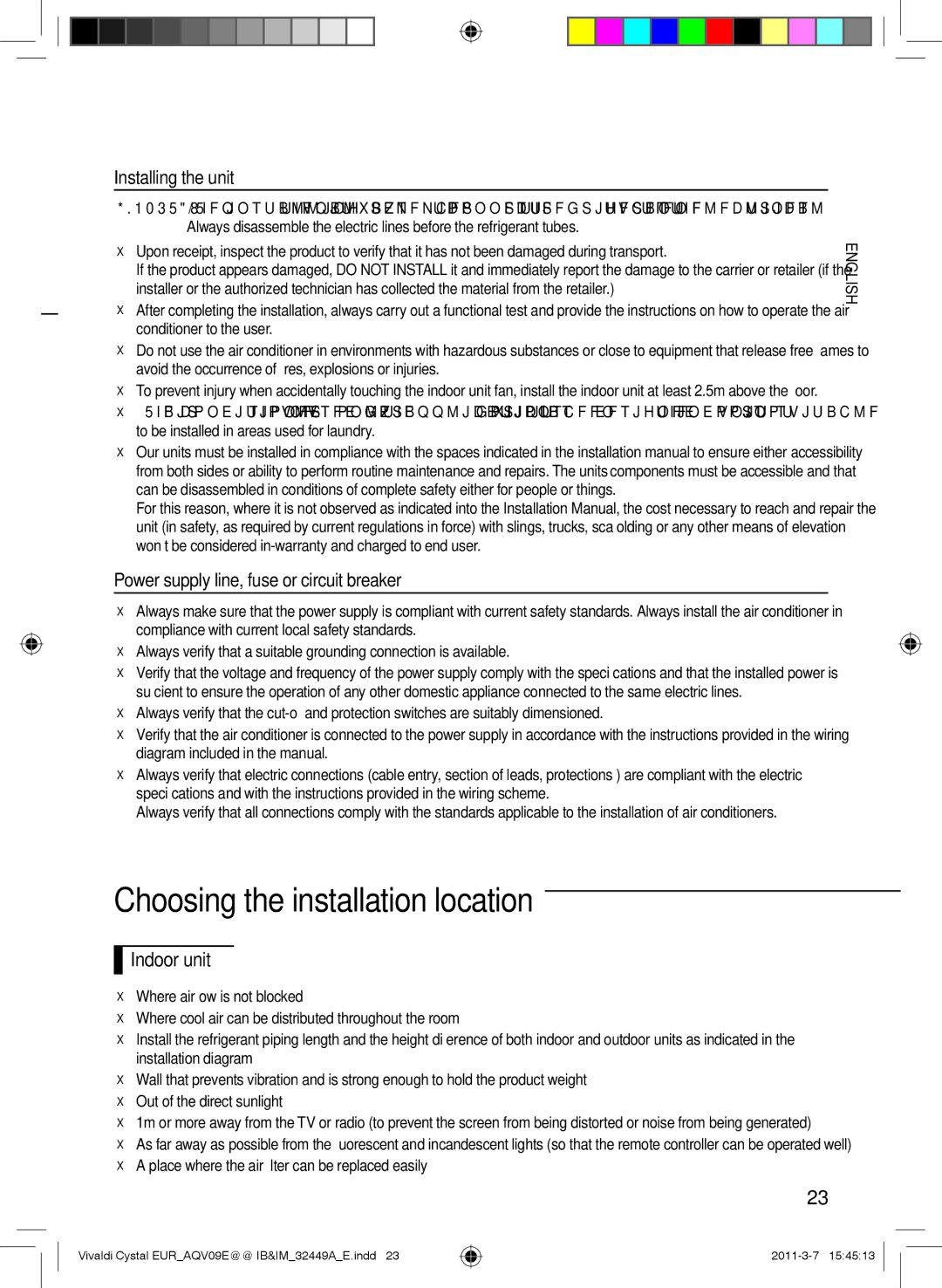 Samsung AQV12EWEX Choosing the installation location, Installing the unit, Power supply line, fuse or circuit breaker 