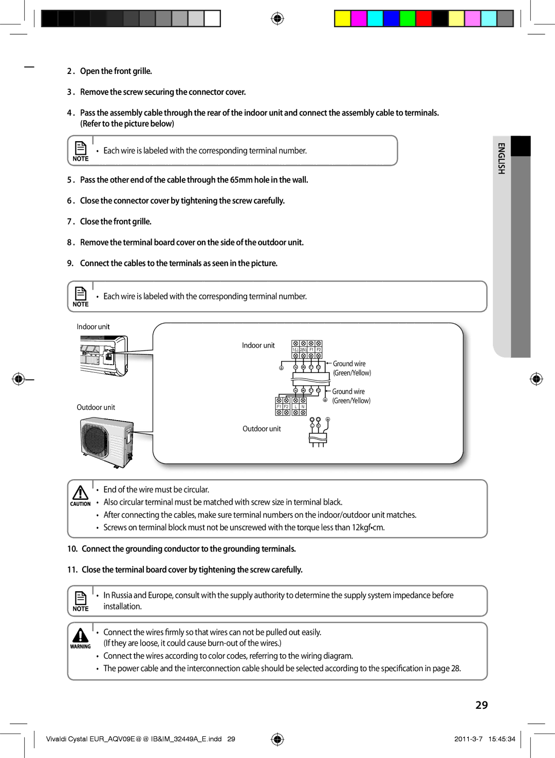 Samsung AQV09EWEN, AQV12EWEN, AQV09EWEX, AQV12EWEX manual Each wire is labeled with the corresponding terminal number 