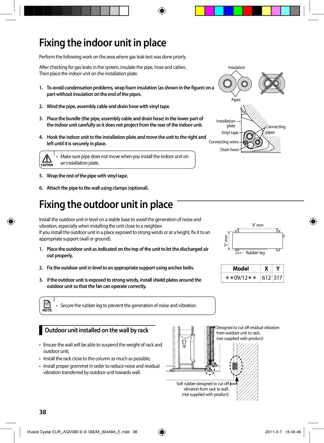 Samsung AQV09EWEX, AQV12EWEN, AQV09EWEN, AQV12EWEX manual Fixing the indoor unit in place, Fixing the outdoor unit in place 