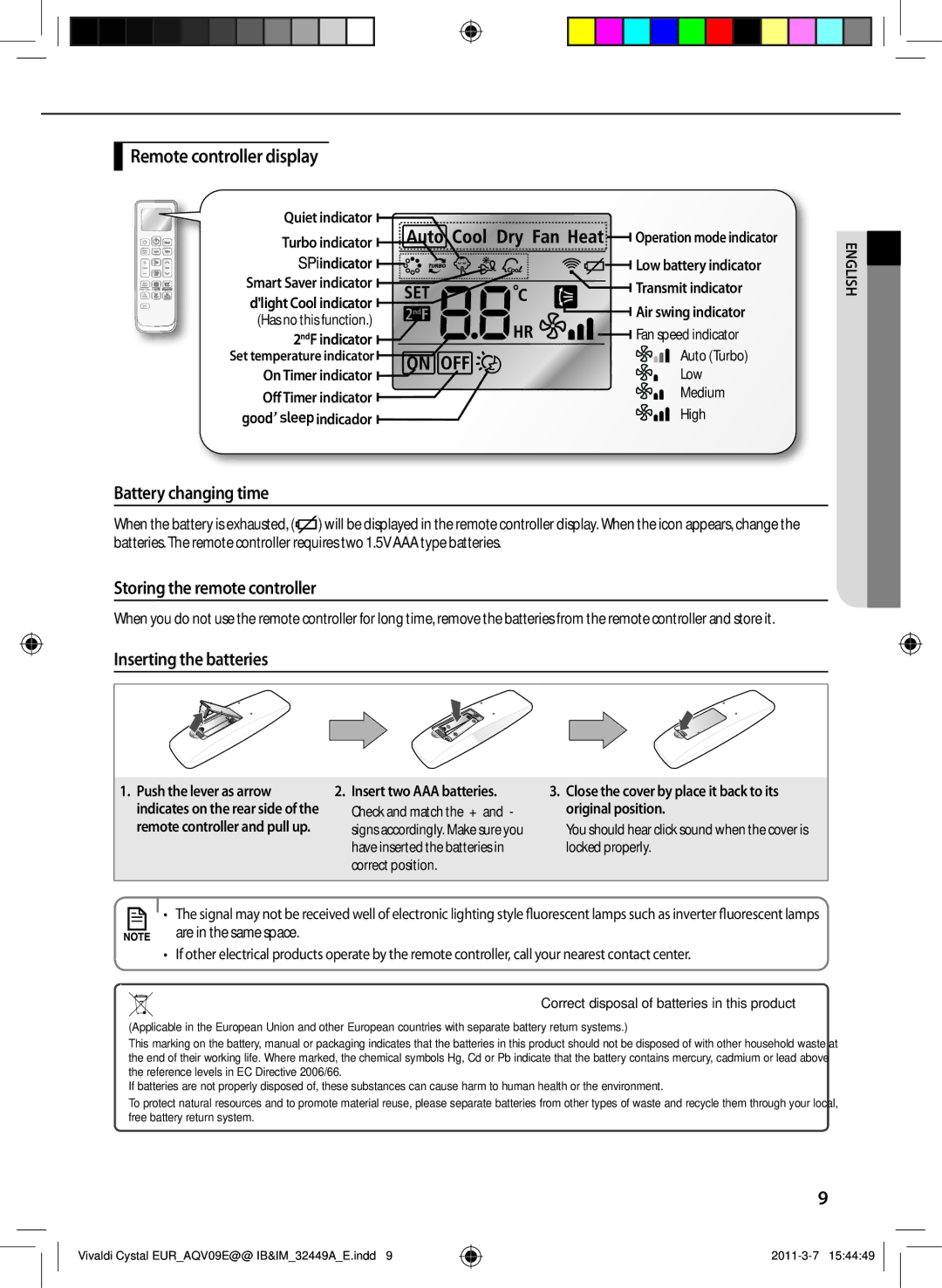 Samsung AQV09EWEN Remote controller display, Battery changing time, Storing the remote controller, Inserting the batteries 