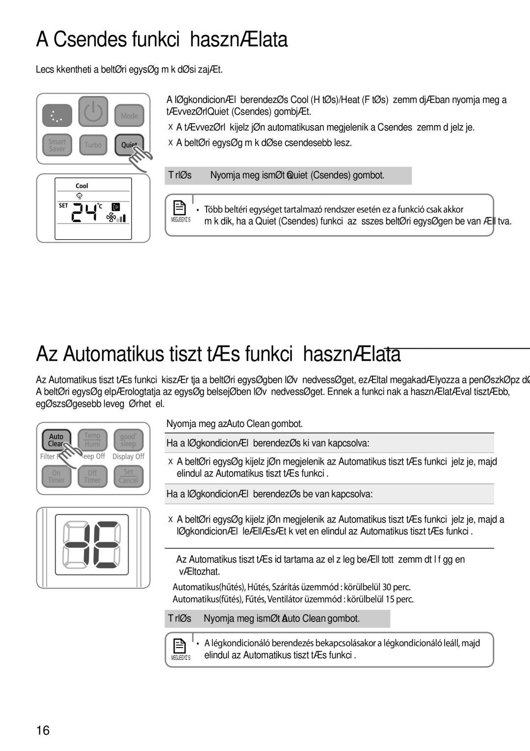 Samsung AQV12EWEN, AQV12EWEX manual Csendes funkció használata, Az Automatikus tisztítás funkció használata 