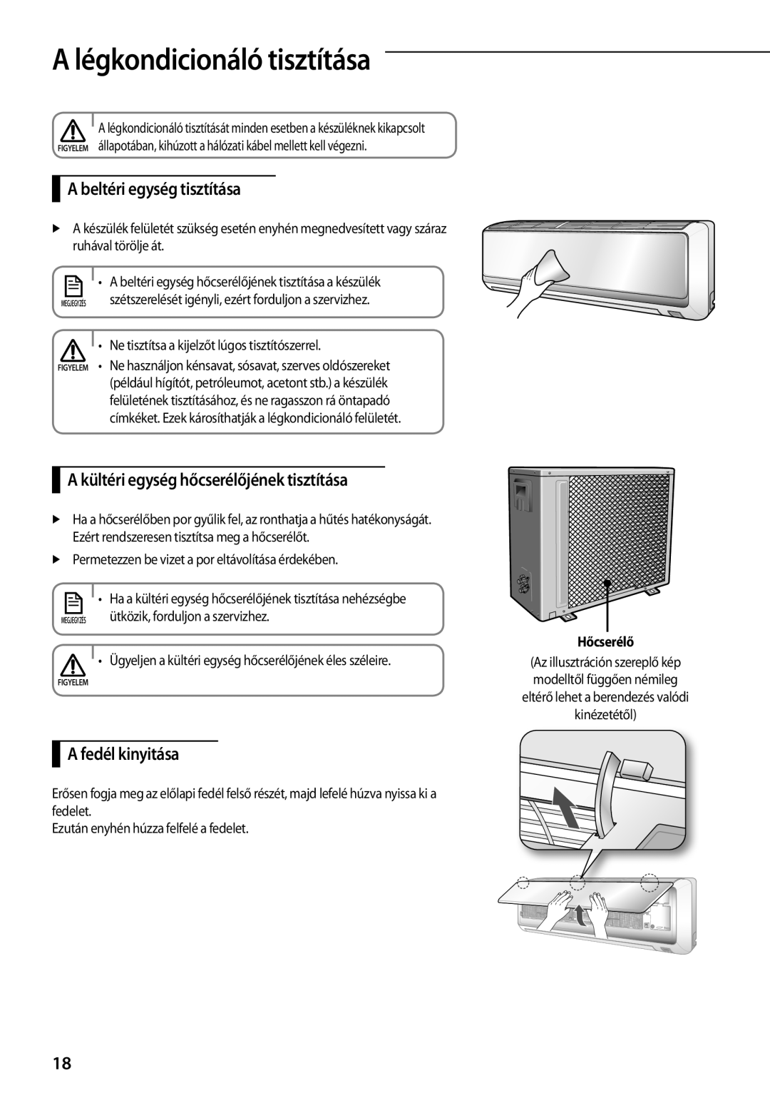 Samsung AQV12EWEN manual AAlégkondicionáló tisztítása, Beltéri egység tisztítása, Kültéri egység hőcserélőjének tisztítása 