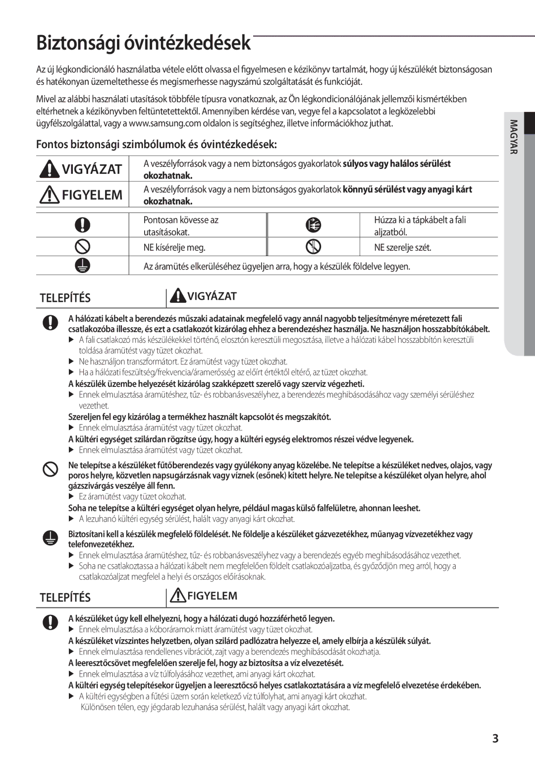 Samsung AQV12EWEX, AQV12EWEN manual Biztonsági óvintézkedések, Fontos biztonsági szimbólumok és óvintézkedések, Okozhatnak 