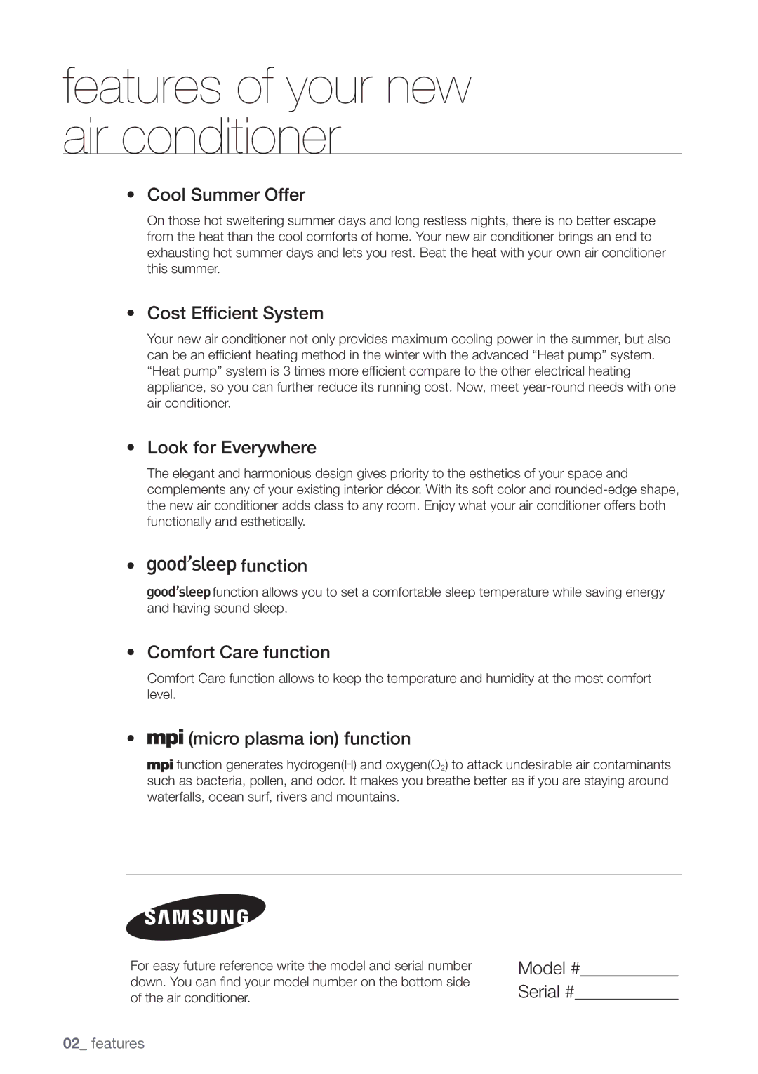 Samsung AQV09EWCX, AQV12FKX, AQV12EWCN, AQV09EWCN, AQV09VBEX manual Caratteristiche del vostro nuovo climatizzatore split 