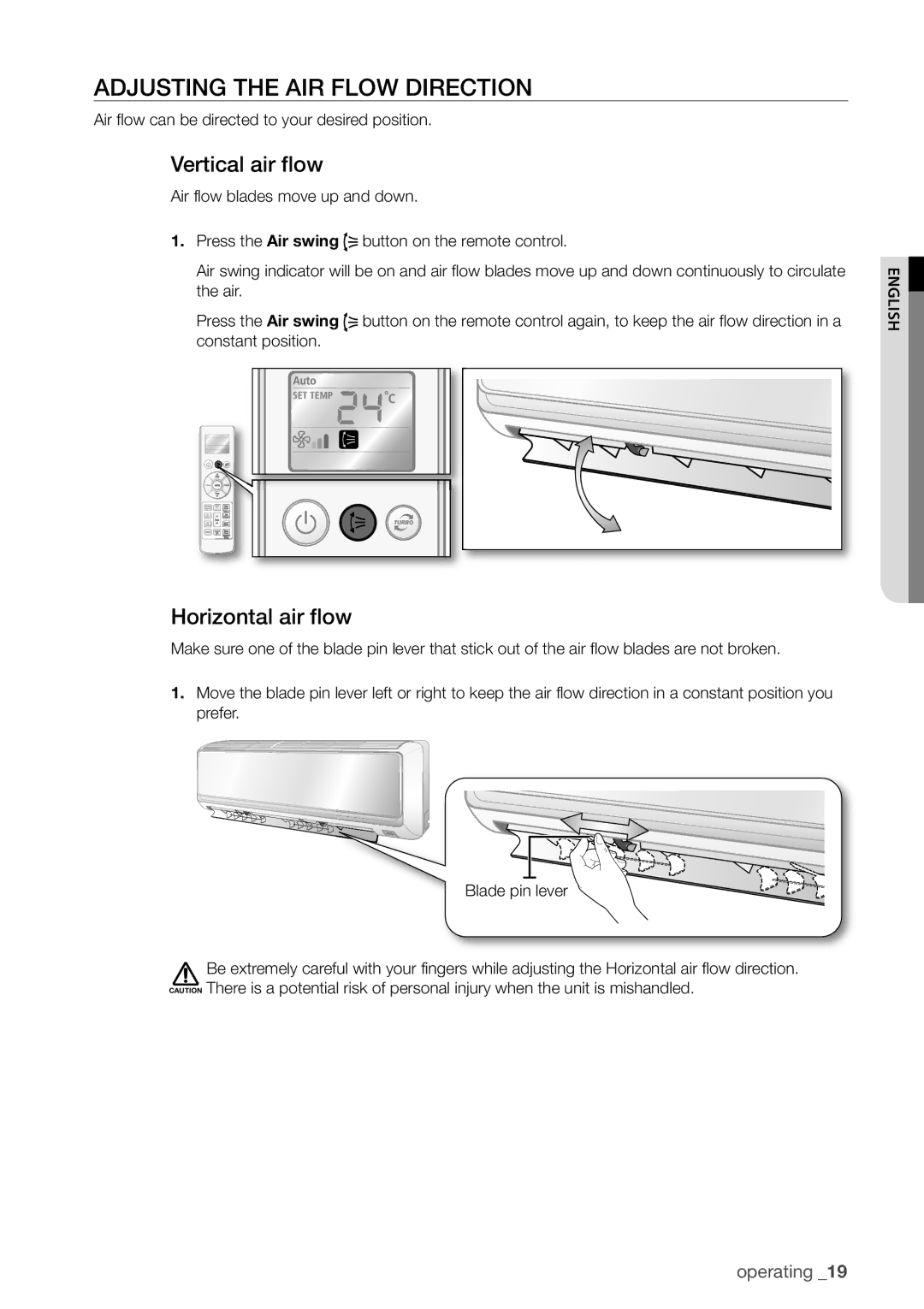 Samsung AQV12EWCN, AQV12FKX, AQV09EWCX, AQV09EWCN Adjusting the AIR Flow Direction, Vertical air flow, Horizontal air flow 