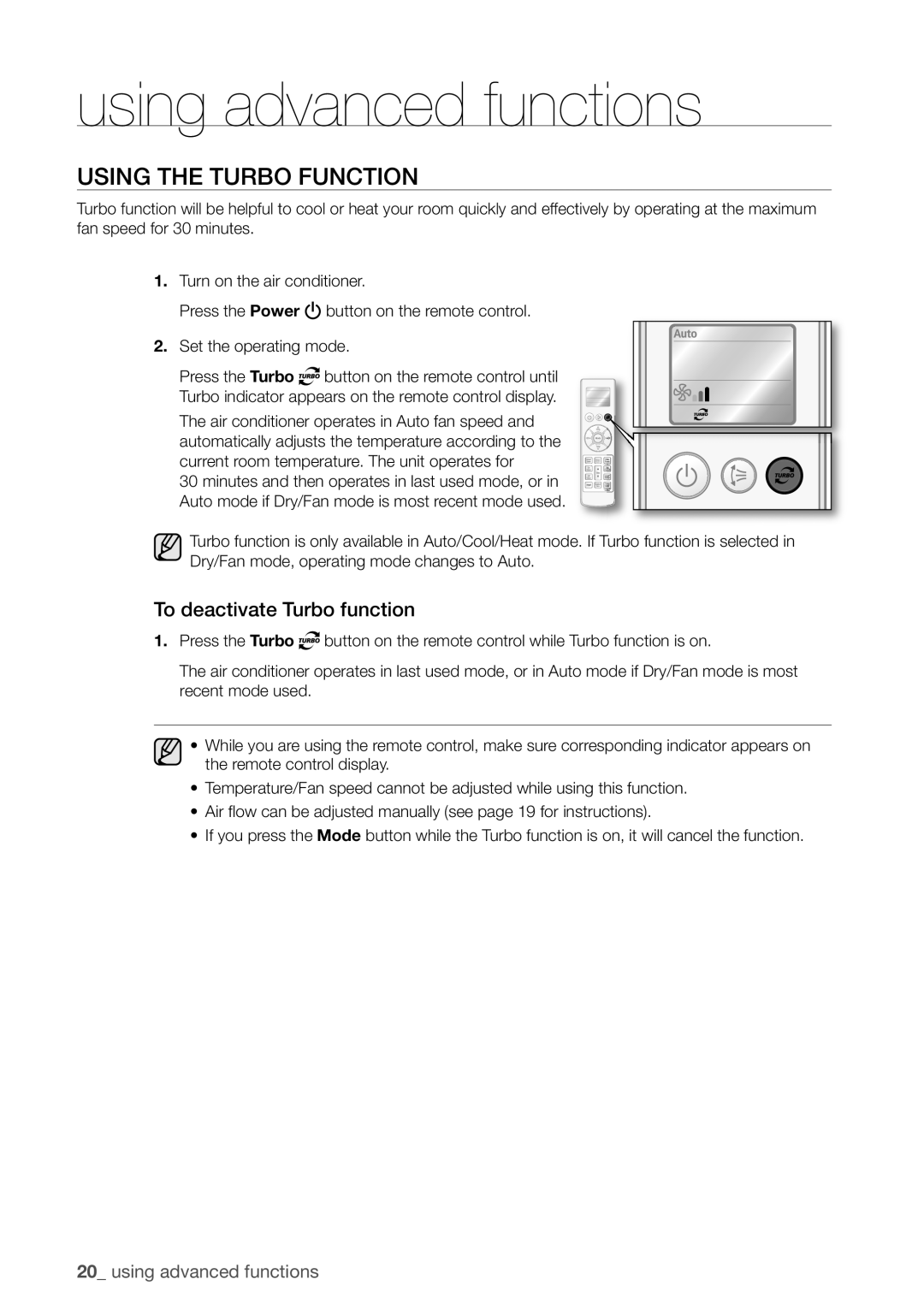 Samsung AQV09EWCN, AQV12FKX, AQV09EWCX Using advanced functions, Using the Turbo Function, To deactivate Turbo function 