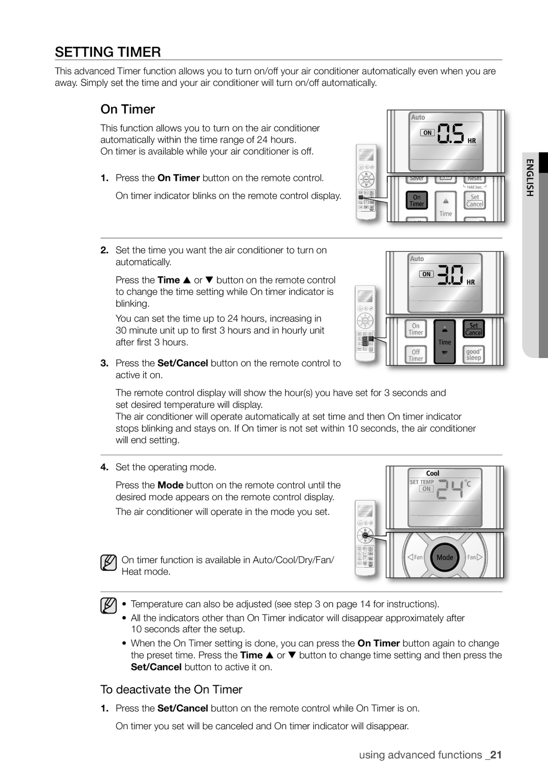 Samsung AQV09VBEX, AQV12FKX, AQV09EWCX, AQV12EWCN, AQV09EWCN, AQV12EWCX manual Setting Timer, To deactivate the On Timer 