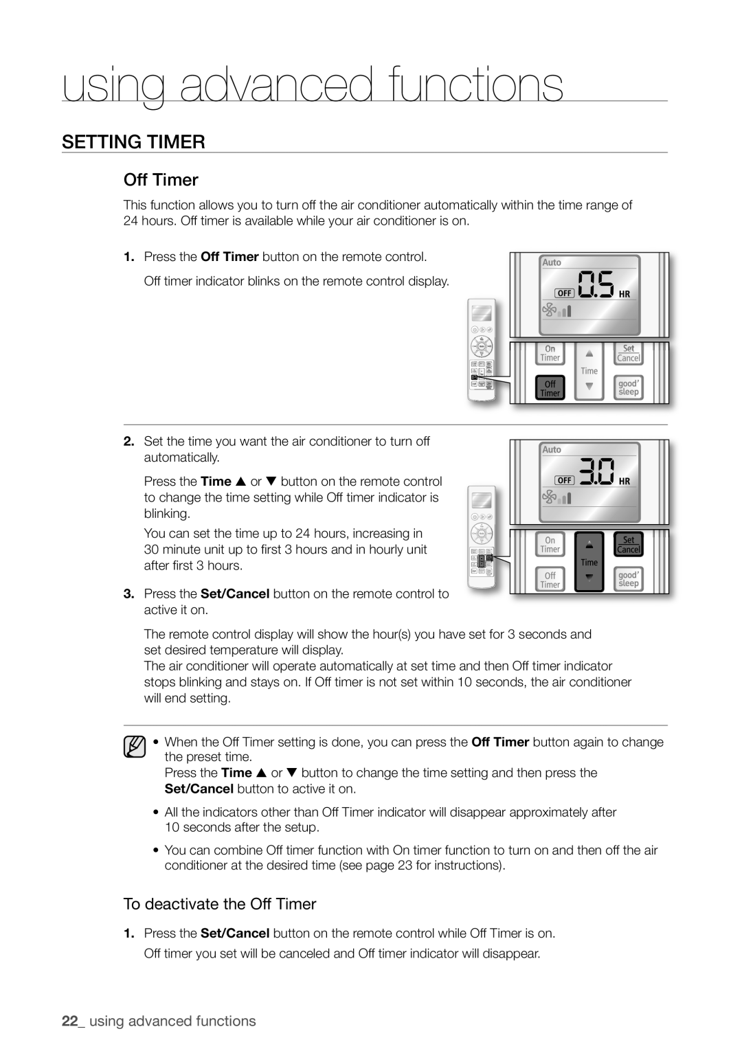 Samsung AQV12EWCX, AQV12FKX, AQV09EWCX, AQV12EWCN, AQV09EWCN, AQV09VBEX, AQV24EWCN, AQV24EWCX To deactivate the Off Timer 