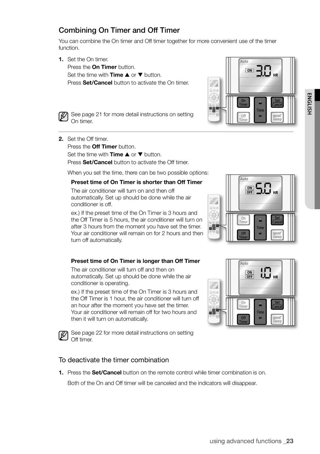 Samsung AQV24EWCN, AQV12FKX, AQV09EWCX, AQV12EWCN manual Combining On Timer and Off Timer, To deactivate the timer combination 