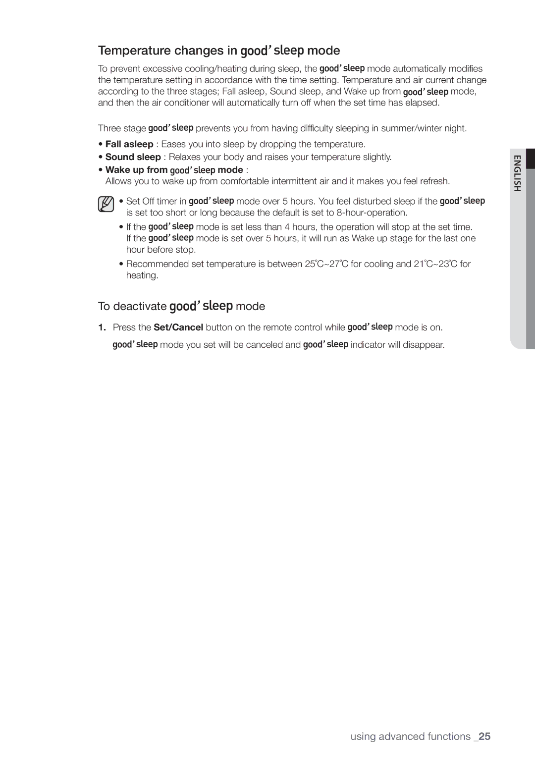 Samsung AQV12FKX, AQV09EWCX, AQV12EWCN, AQV09EWCN manual Temperature changes in mode, To deactivate mode, Wake up from mode 