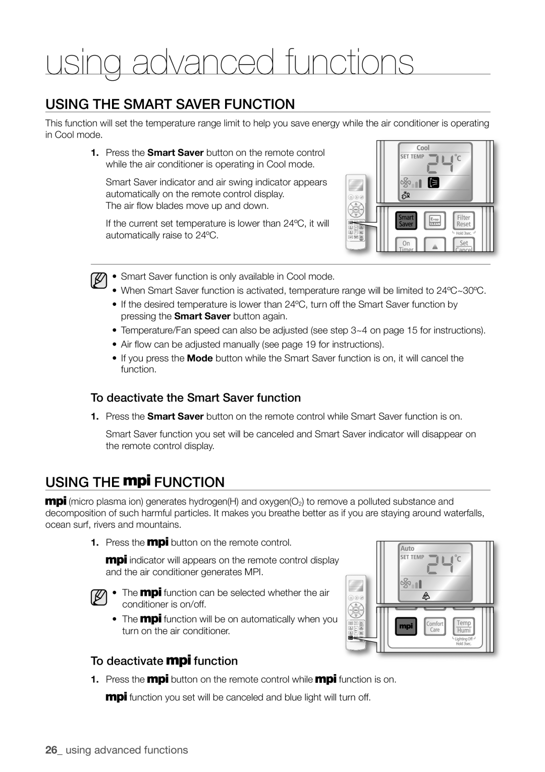 Samsung AQV09EWCX, AQV12FKX Using the Smart Saver Function, Using the Function, To deactivate the Smart Saver function 