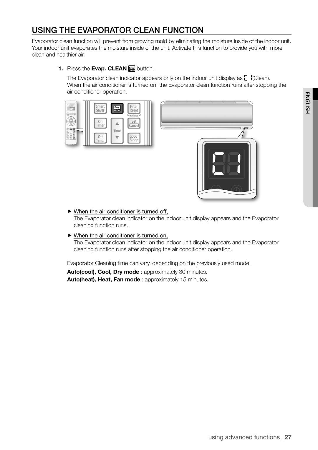 Samsung AQV12EWCN, AQV12FKX manual Using the Evaporator Clean Function, Autoheat, Heat, Fan mode approximately 15 minutes 