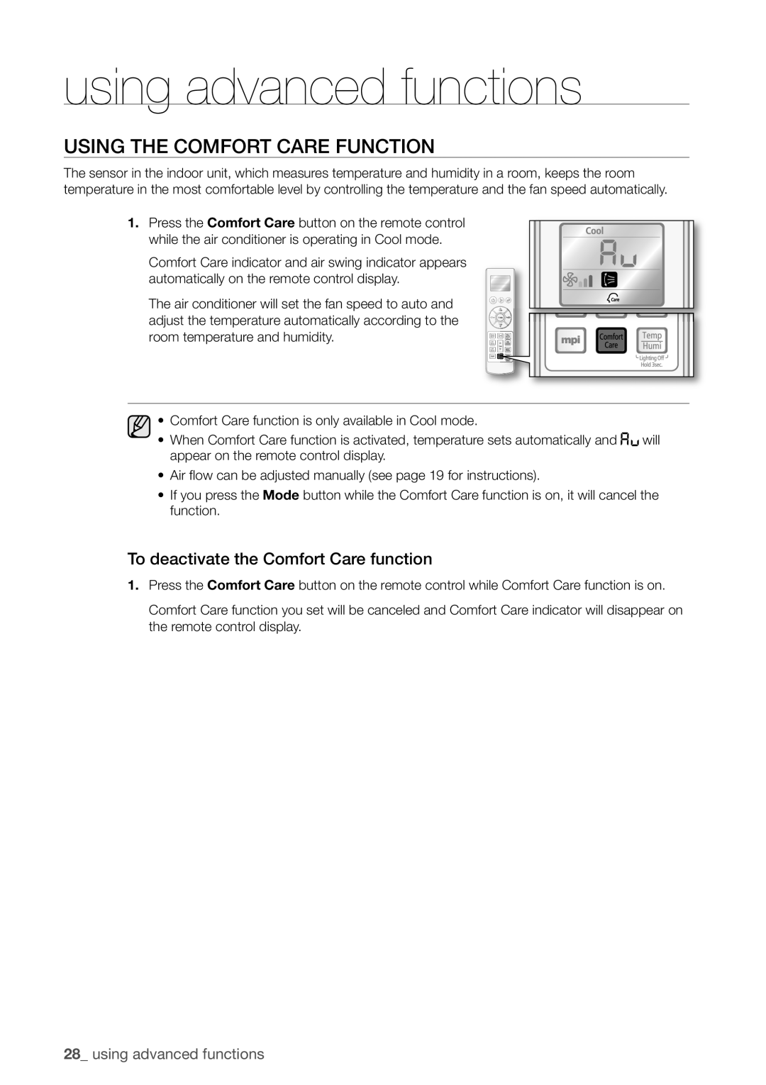 Samsung AQV09EWCN, AQV12FKX, AQV09EWCX, AQV12EWCN Using the Comfort Care Function, To deactivate the Comfort Care function 