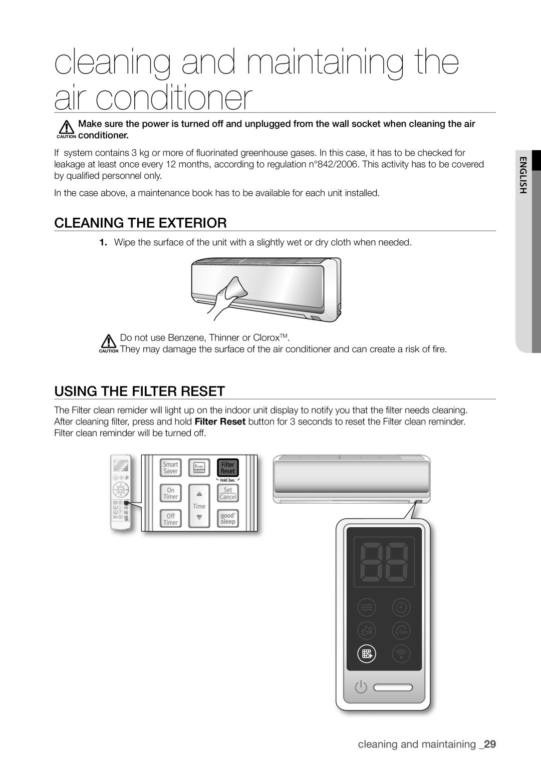 Samsung AQV09VBEX, AQV12FKX Cleaning and maintaining the air conditioner, Cleaning the Exterior, Using the Filter Reset 