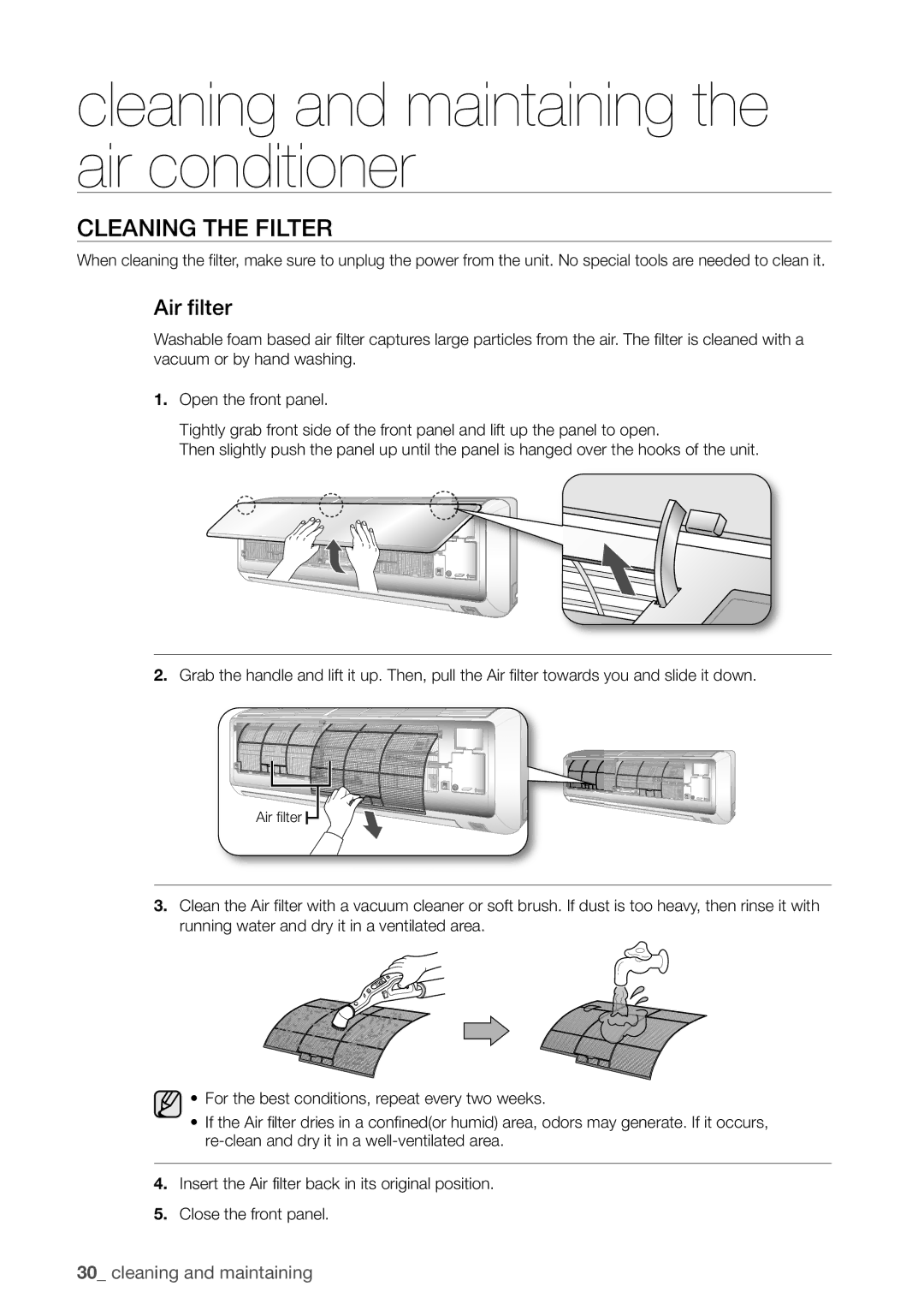 Samsung AQV12EWCX, AQV12FKX, AQV09EWCX, AQV12EWCN, AQV09EWCN, AQV09VBEX, AQV24EWCN, AQV24EWCX Cleaning the Filter, Air filter 