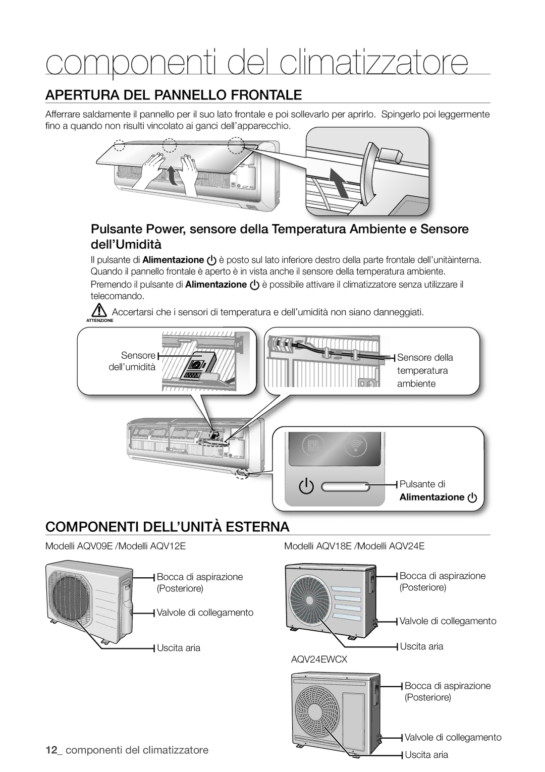 Samsung AQV09EWCN, AQV12FKX manual Componenti del climatizzatore, Apertura DEL Pannello Frontale, Componenti DELL’UNITÀ ES 