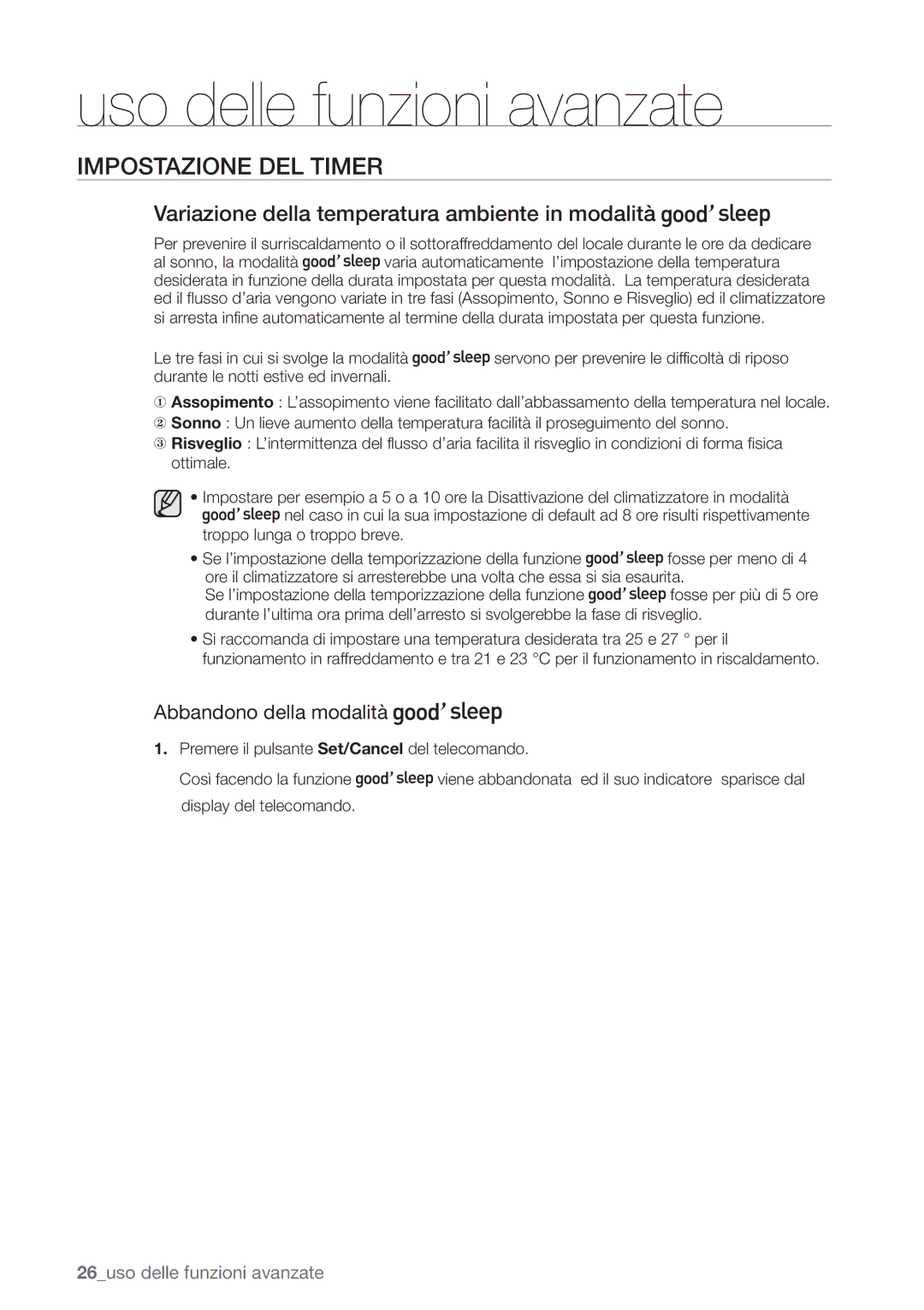 Samsung AQV09EWCX, AQV12FKX, AQV12EWCN manual Variazione della temperatura ambiente in modalità, Abbandono della modalità 