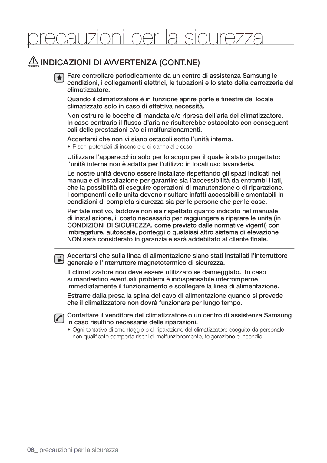 Samsung AQV24EWCX manual Attenzione Indicazioni DI Avvertenza CONT.NE, Rischi potenziali di incendio o di danno alle cose 