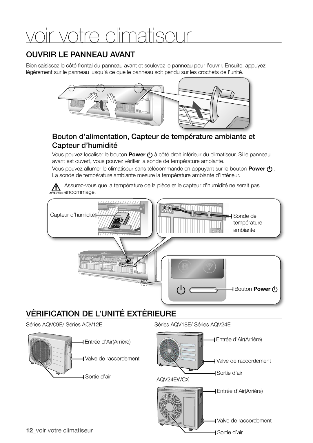 Samsung AQV12EWCX, AQV12FKX, AQV09EWCX, AQV12EWCN, AQV09EWCN manual Ouvrir LE Panneau Avant, Vérification DE L’UNITÉ Extérieure 