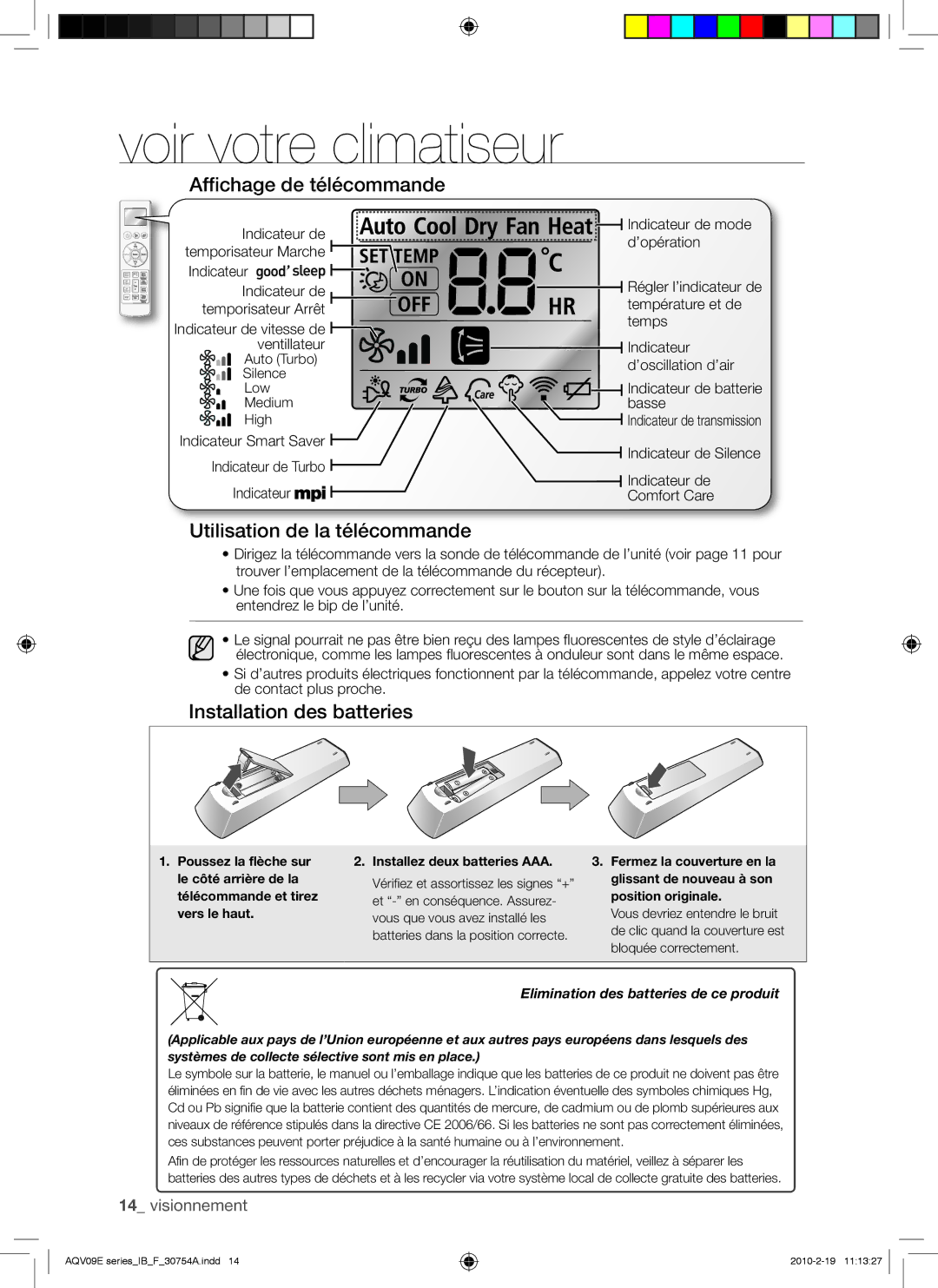 Samsung AQV09EWCX, AQV12FKX manual Affichage de télécommande, Utilisation de la télécommande, Installation des batteries 