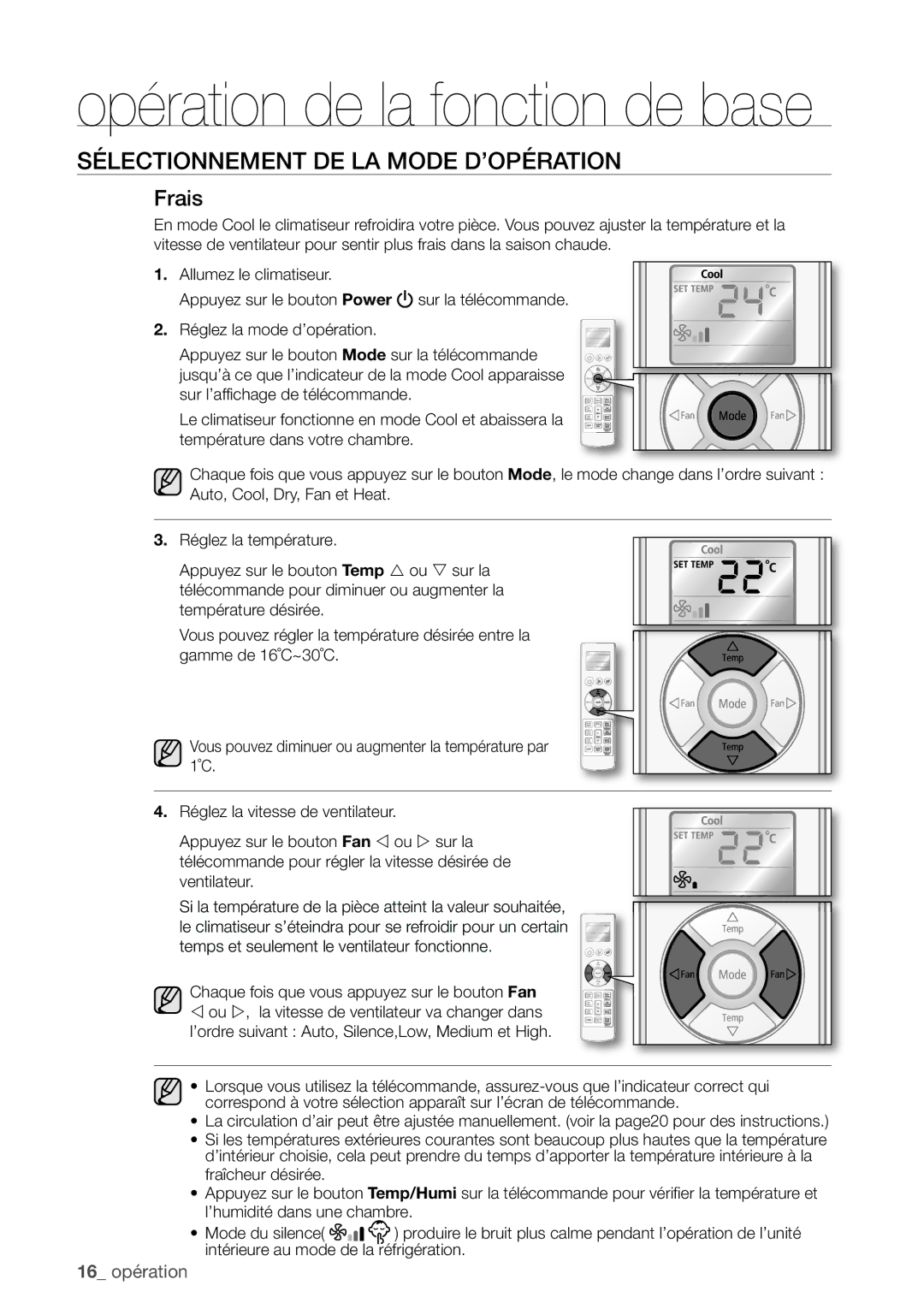 Samsung AQV09EWCN, AQV12FKX, AQV09EWCX, AQV12EWCN, AQV09VBEX, AQV12EWCX manual Opération de la fonction de base, Frais 