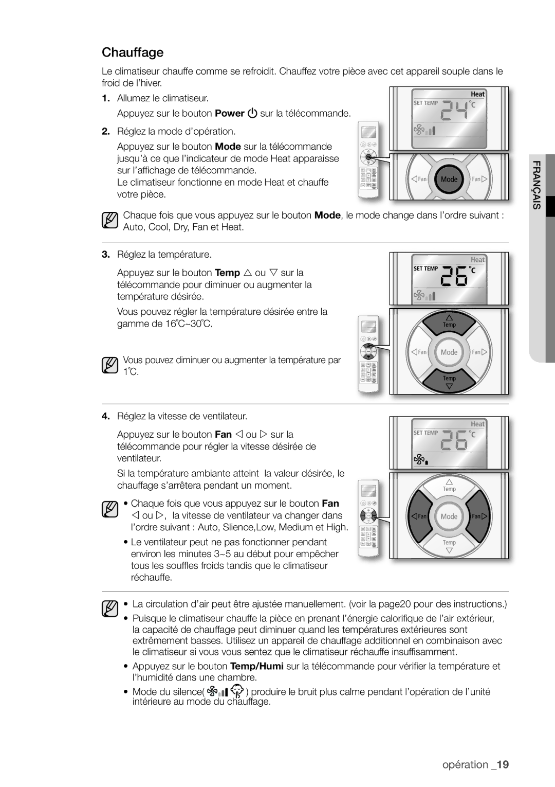 Samsung AQV12FKX, AQV09EWCX, AQV12EWCN, AQV09EWCN, AQV09VBEX, AQV12EWCX manual Chauffage 