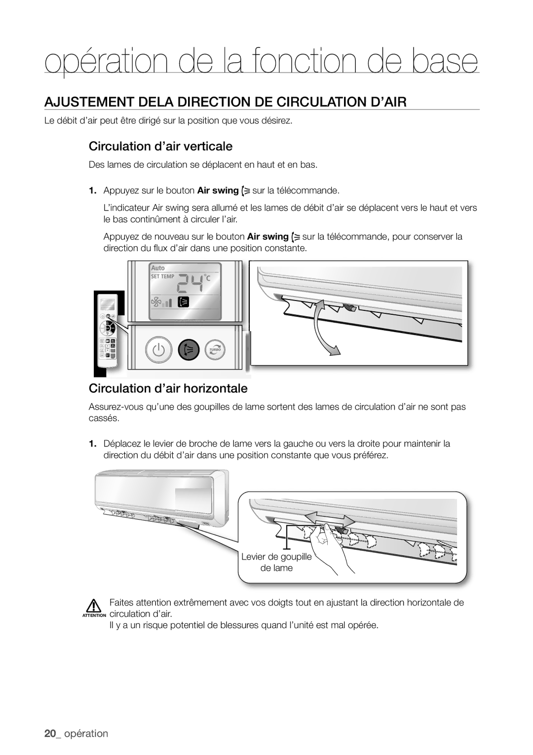 Samsung AQV09EWCX, AQV12FKX, AQV12EWCN manual Ajustement Dela Direction DE Circulation D’AIR, Circulation d’air verticale 